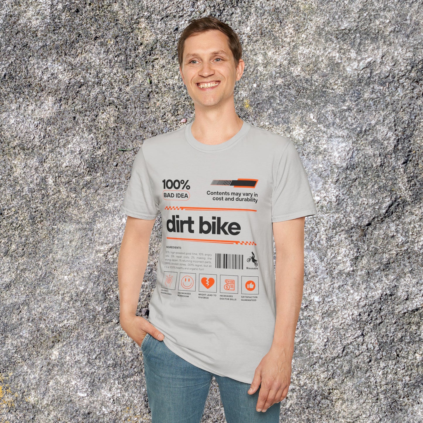 Mens Dirtbike Riding Shirt | Dirt Bike Ingredients Shirt | SOFT Cotton Adult Unisex tee shirt | DirtBike racing shirt for men | Dirt Bike shirt for Boys | DirtBike Ingredient List 100% Bad Idea
