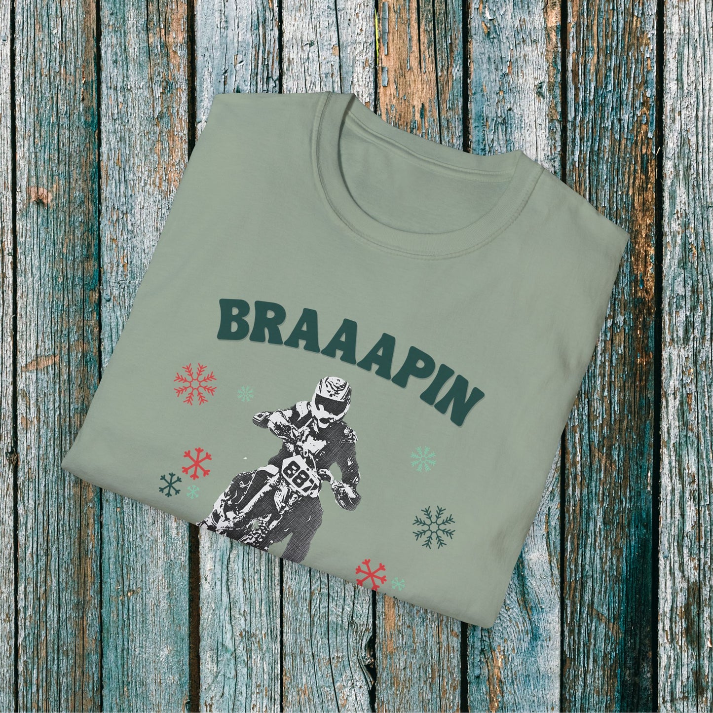 Holiday Motocross Racing Softstyle T-Shirt | Braaapin Through the Snow | Dirt Bike Ugly Sweater