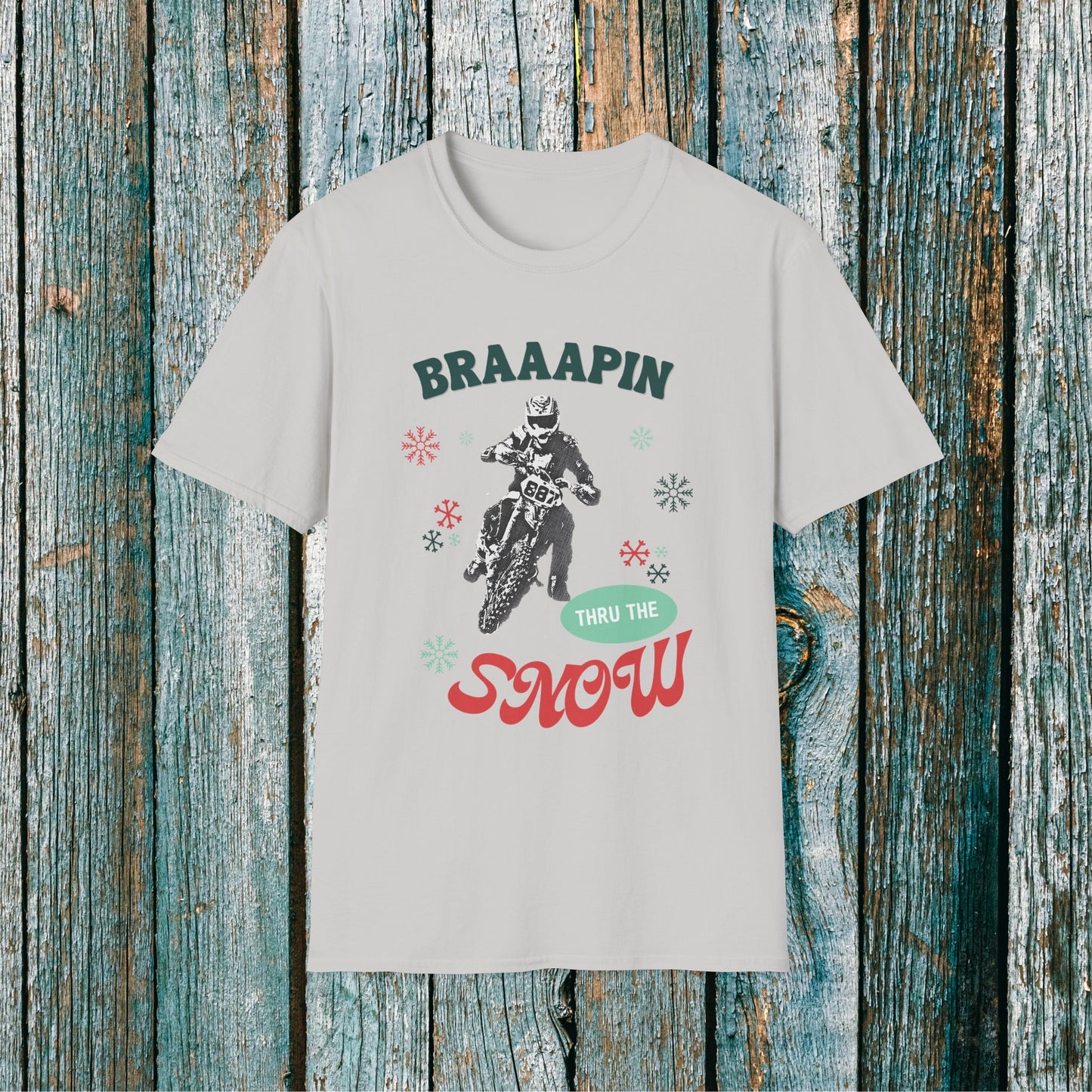 Holiday Motocross Racing Softstyle T-Shirt | Braaapin Through the Snow | Dirt Bike Ugly Sweater