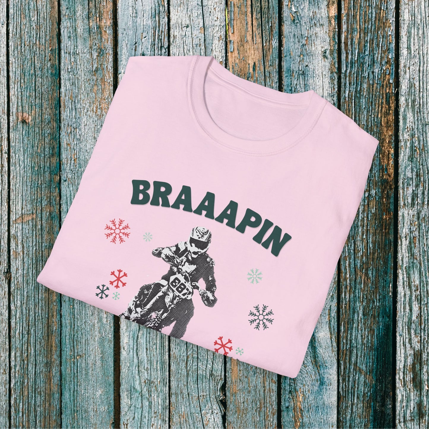 Holiday Motocross Racing Softstyle T-Shirt | Braaapin Through the Snow | Dirt Bike Ugly Sweater
