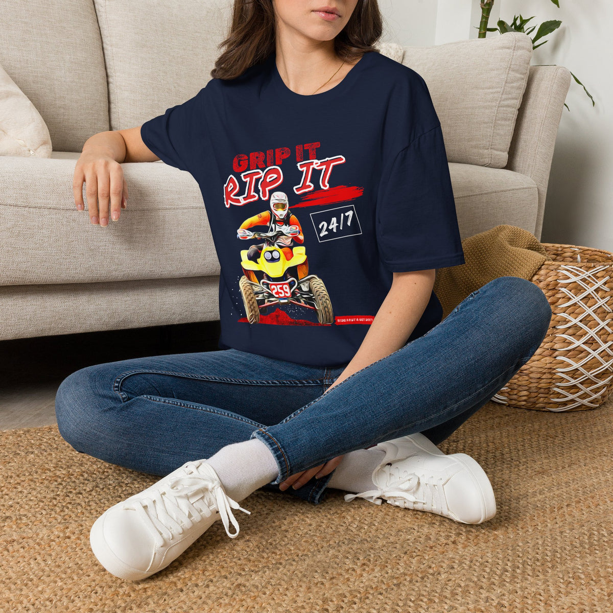 ATV Quad Racer T-Shirt | "Grip It Rip It" Off‑Road Fourwheeler Graphic Tee | Yellow Honda 400 EX