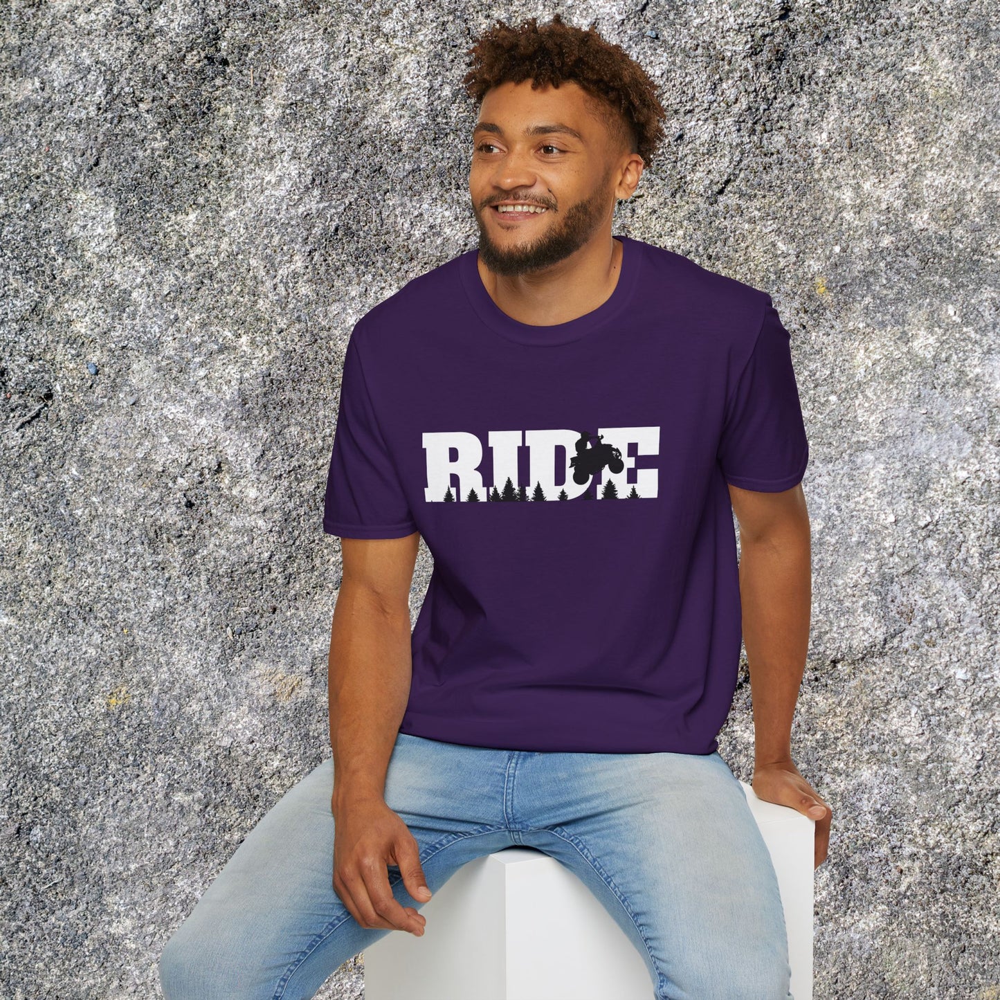 ATV RIDE Big Letters T-Shirt | Man on Honda 400EX Fourwheeler rides through the forest