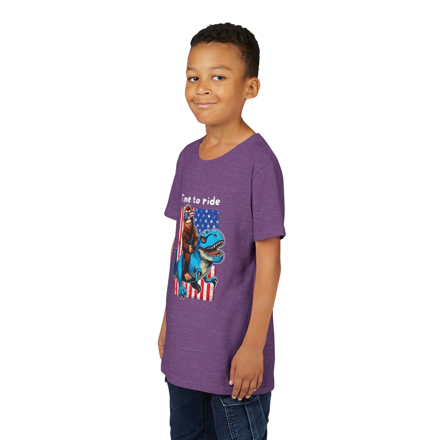 Patriotic Bigfoot Dino Youth Tee | Funny Sasquatch Yeti Short Sleeve for Kids
