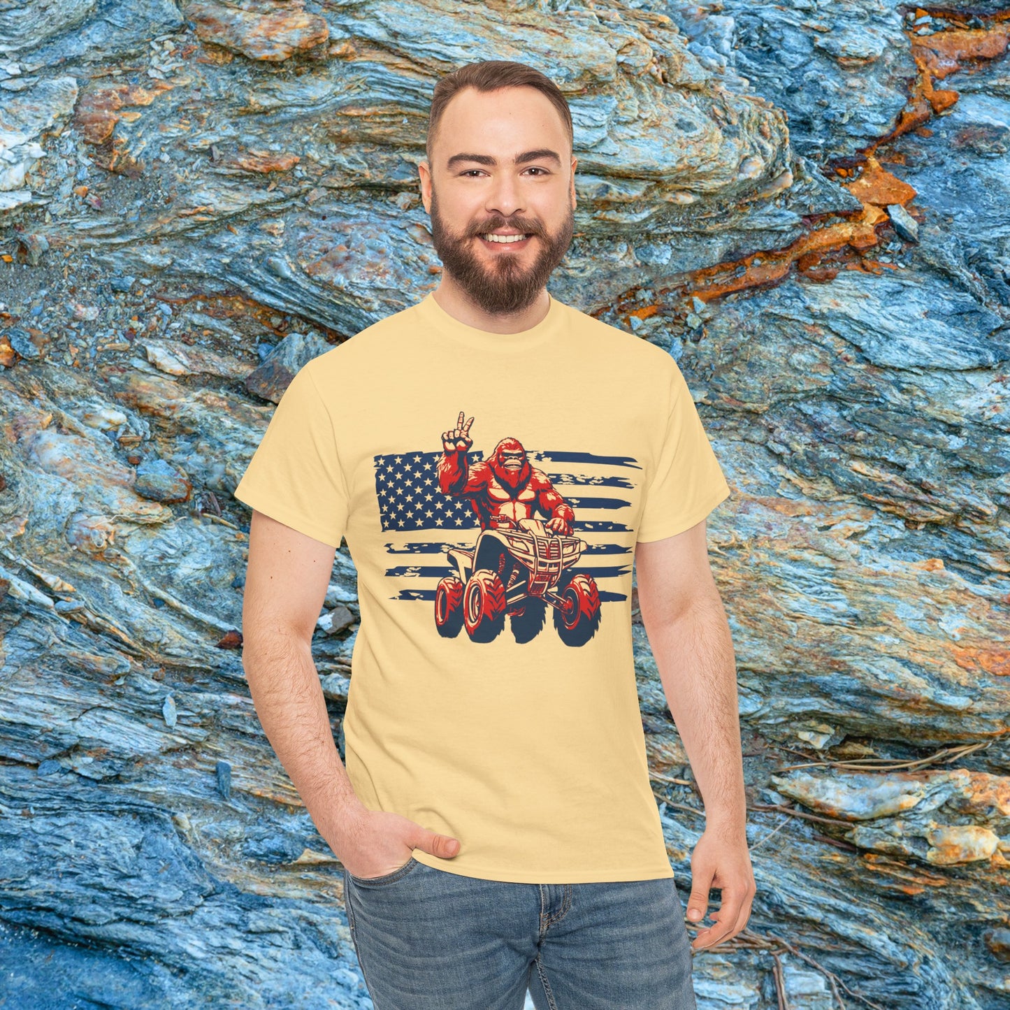 Mens BigFoot Shirt | BigFoot Riding a FourWheeler Shirt | Patriotic Flag & BigFoot Shirt | HEAVY Cotton Adult Unisex t shirt | ATV shirt for men | Fourwheeler shirts for boys