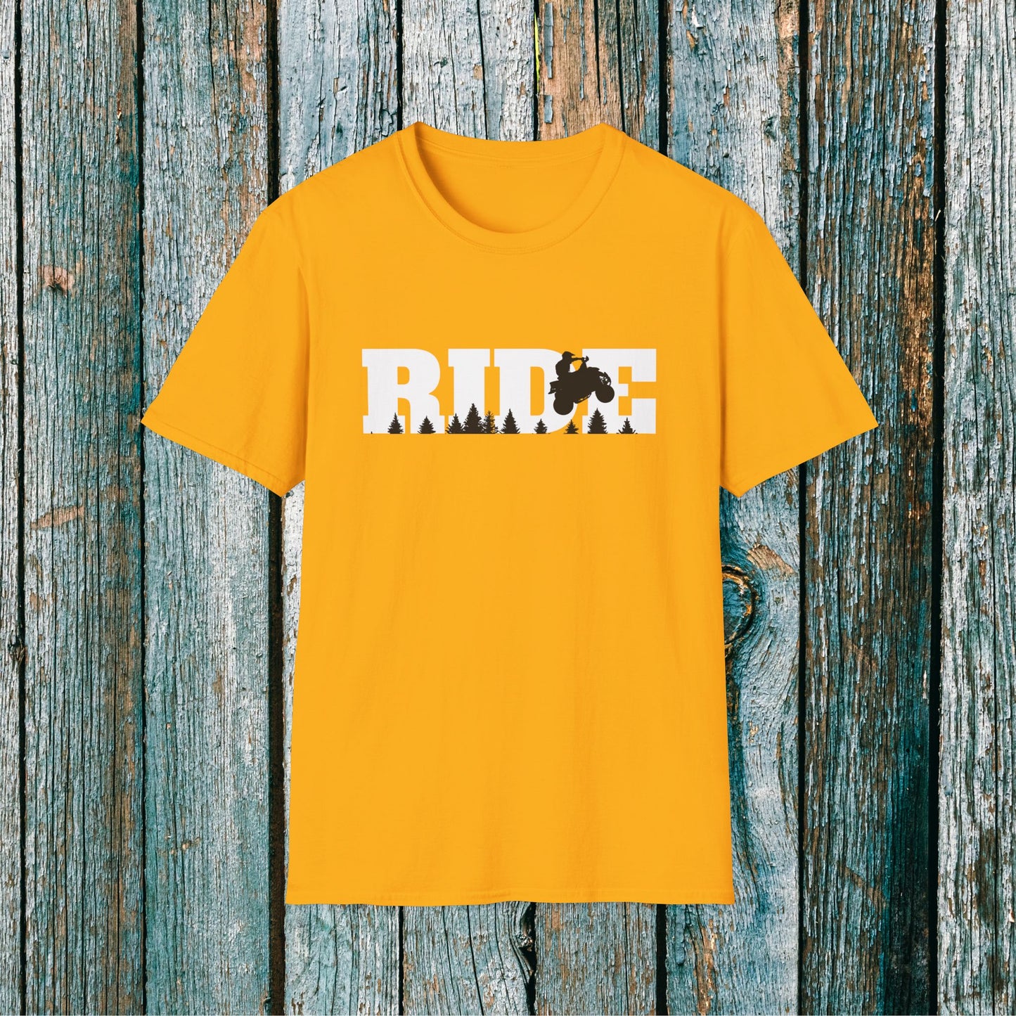 ATV RIDE Big Letters T-Shirt | Man on Honda 400EX Fourwheeler rides through the forest