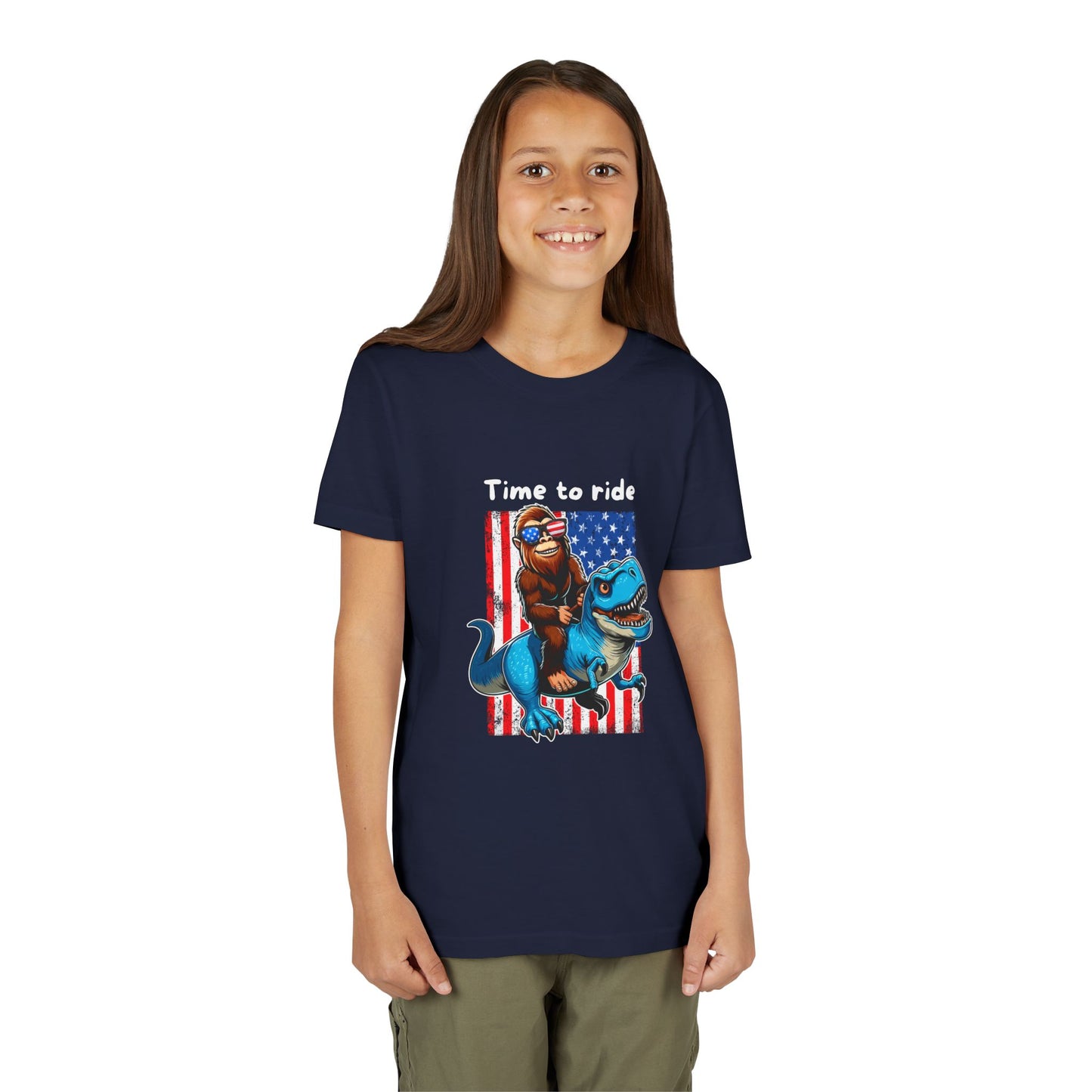 Patriotic Bigfoot Dino Youth Tee | Funny Sasquatch Yeti Short Sleeve for Kids