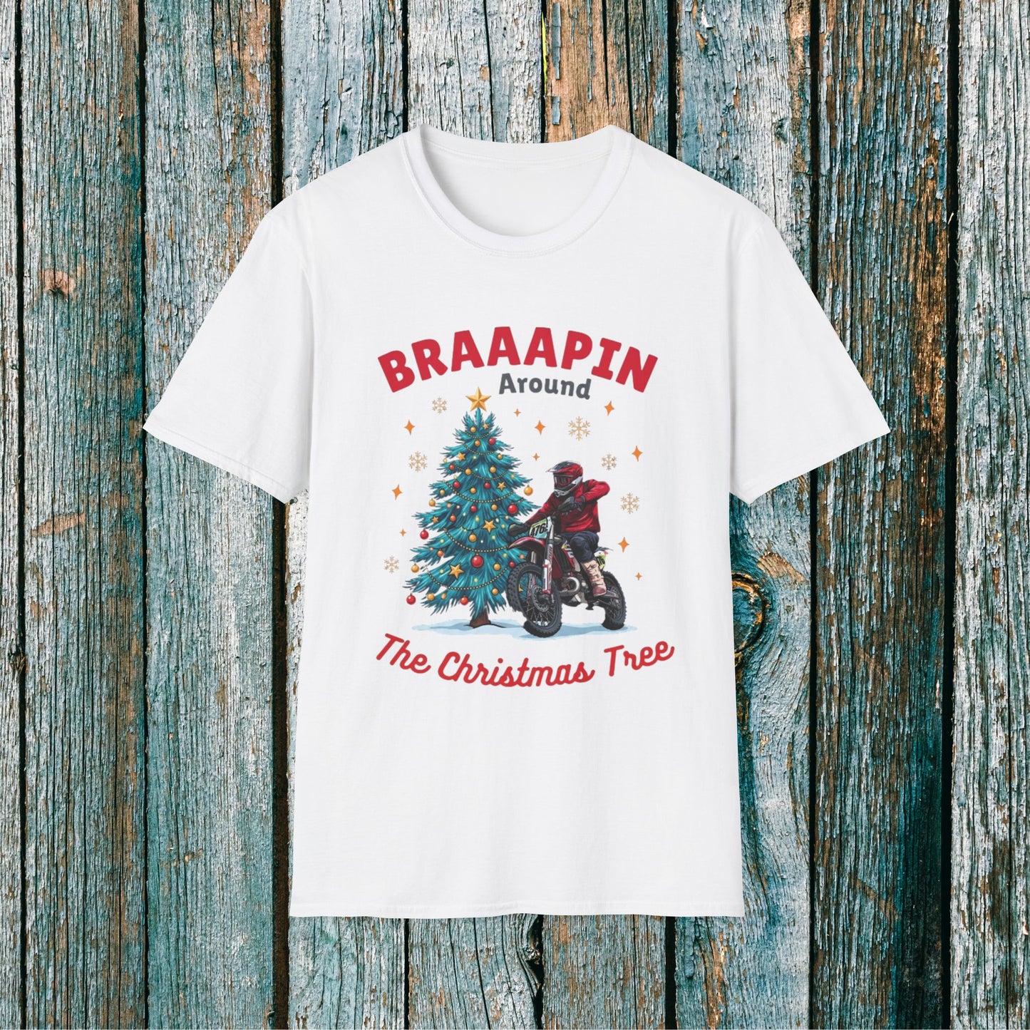 Holiday Bike Softstyle T-Shirt | Braaapin Around The Christmas Tree | Dirt Bike Ugly Sweater
