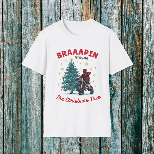 Holiday Bike Softstyle T-Shirt | Braaapin Around The Christmas Tree | Dirt Bike Ugly Sweater