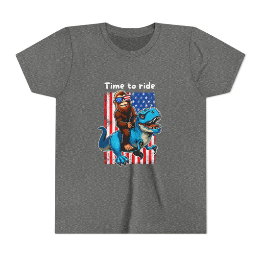 Patriotic Bigfoot Dino Youth Tee | Funny Sasquatch Yeti Short Sleeve for Kids