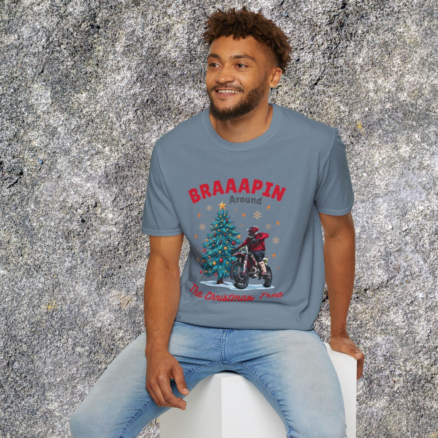 Holiday Bike Softstyle T-Shirt | Braaapin Around The Christmas Tree | Dirt Bike Ugly Sweater