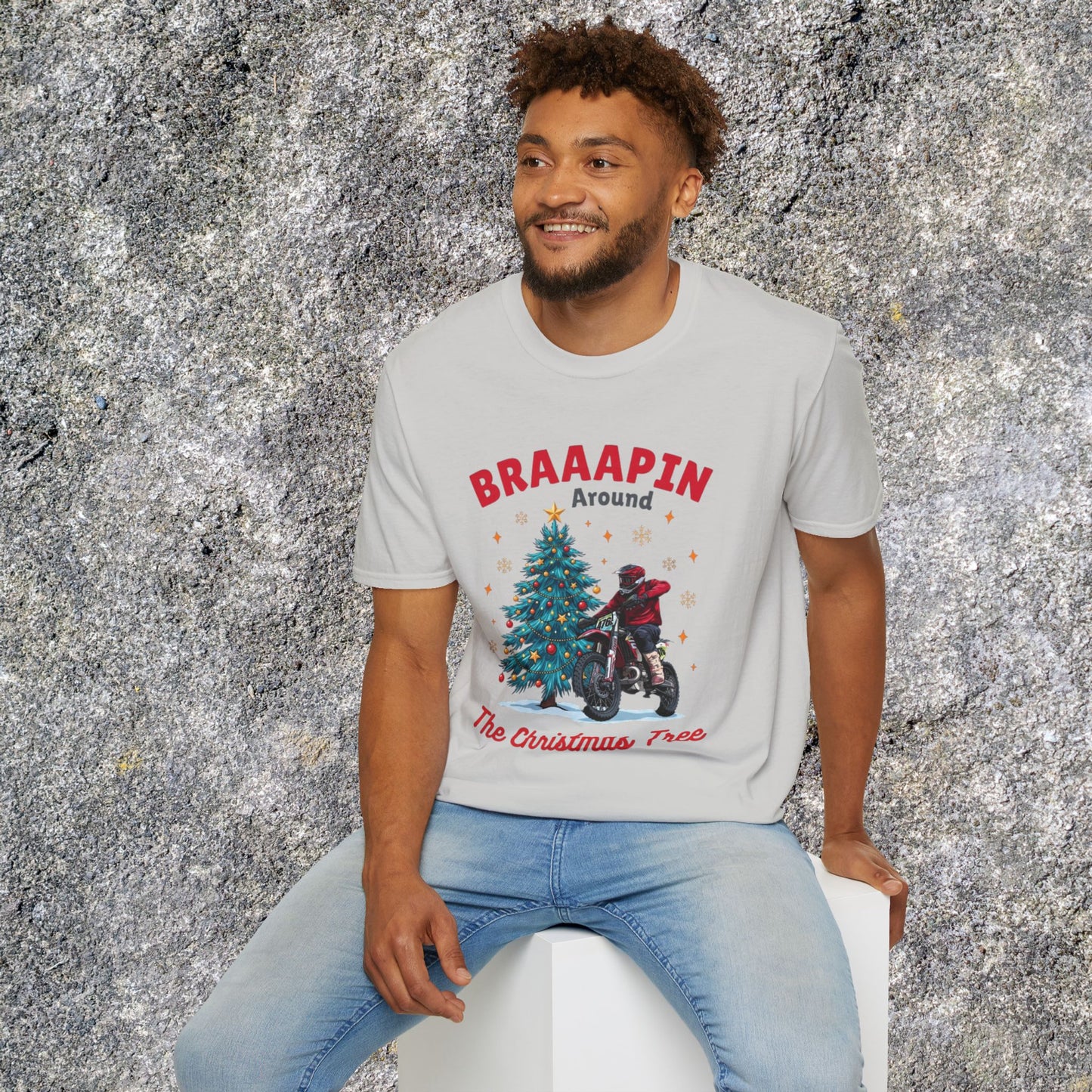 Holiday Bike Softstyle T-Shirt | Braaapin Around The Christmas Tree | Dirt Bike Ugly Sweater