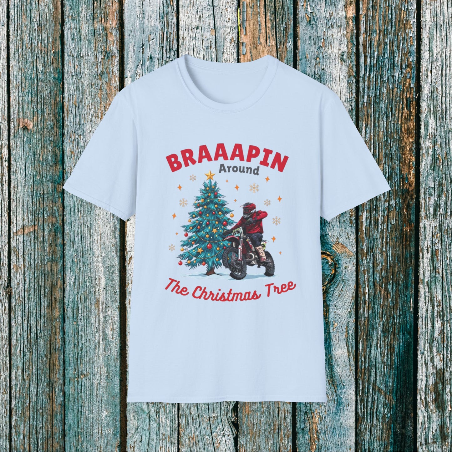 Holiday Bike Softstyle T-Shirt | Braaapin Around The Christmas Tree | Dirt Bike Ugly Sweater