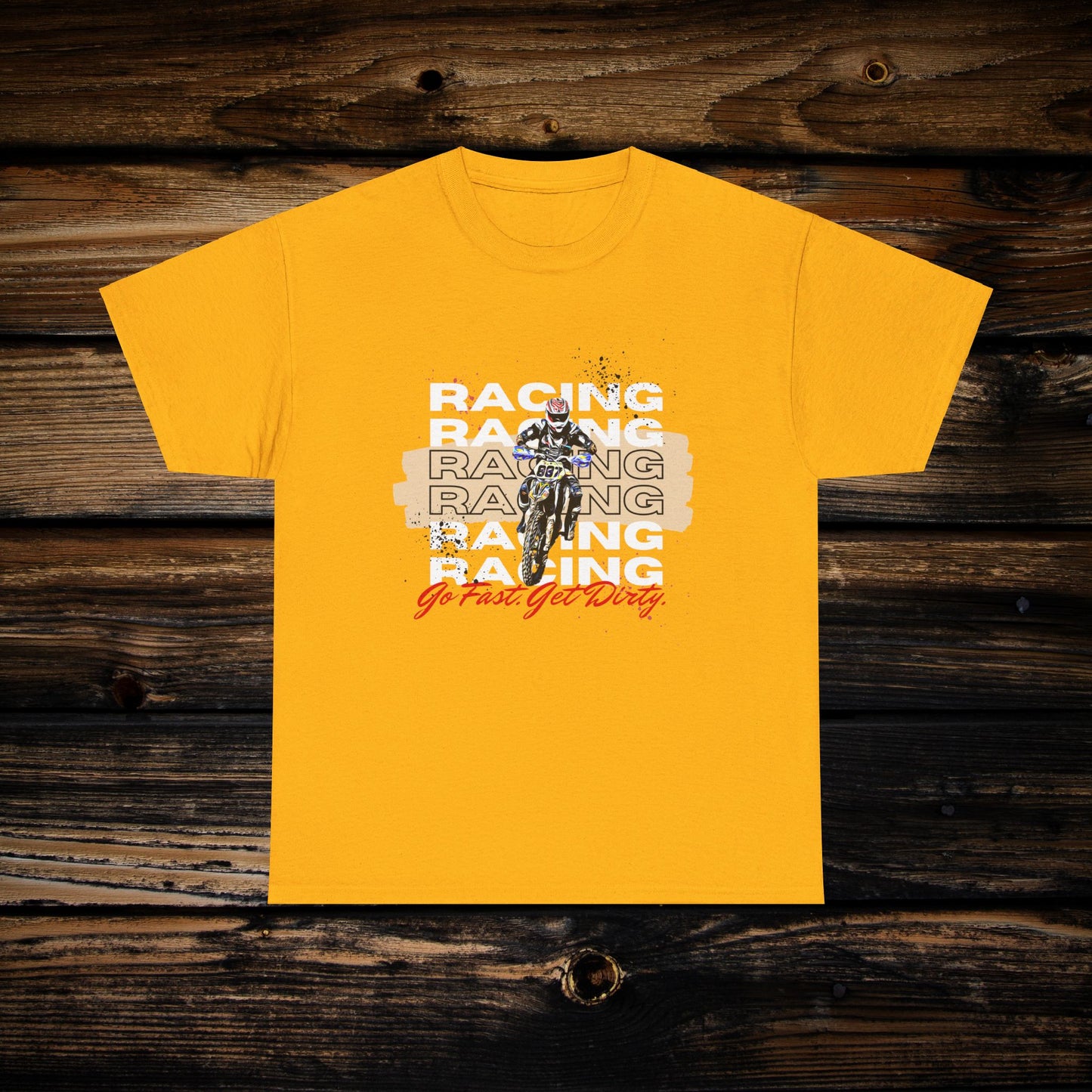 Mens Riding Shirt | Man on KTM 300 Dirt bike | Words: RACING and Go Fast Get Dirty | HEAVY Cotton Adult Unisex t shirt | Dad Dirt bike shirt