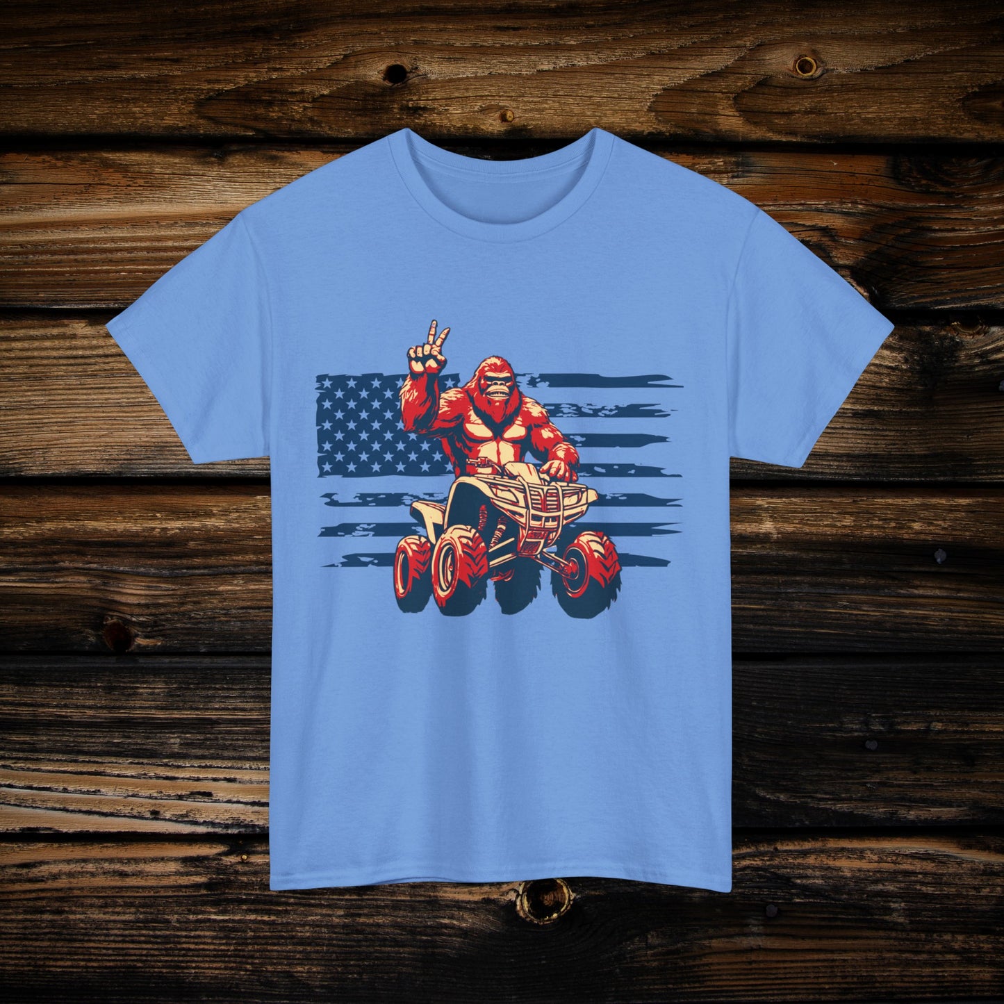Mens BigFoot Shirt | BigFoot Riding a FourWheeler Shirt | Patriotic Flag & BigFoot Shirt | HEAVY Cotton Adult Unisex t shirt | ATV shirt for men | Fourwheeler shirts for boys