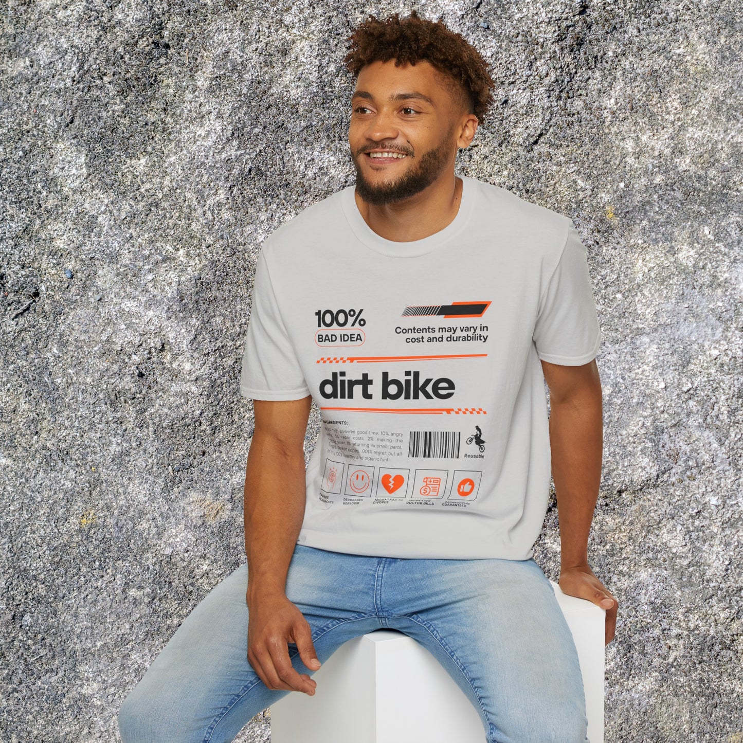 Mens Dirtbike Riding Shirt | Dirt Bike Ingredients Shirt | SOFT Cotton Adult Unisex tee shirt | DirtBike racing shirt for men | Dirt Bike shirt for Boys | DirtBike Ingredient List 100% Bad Idea