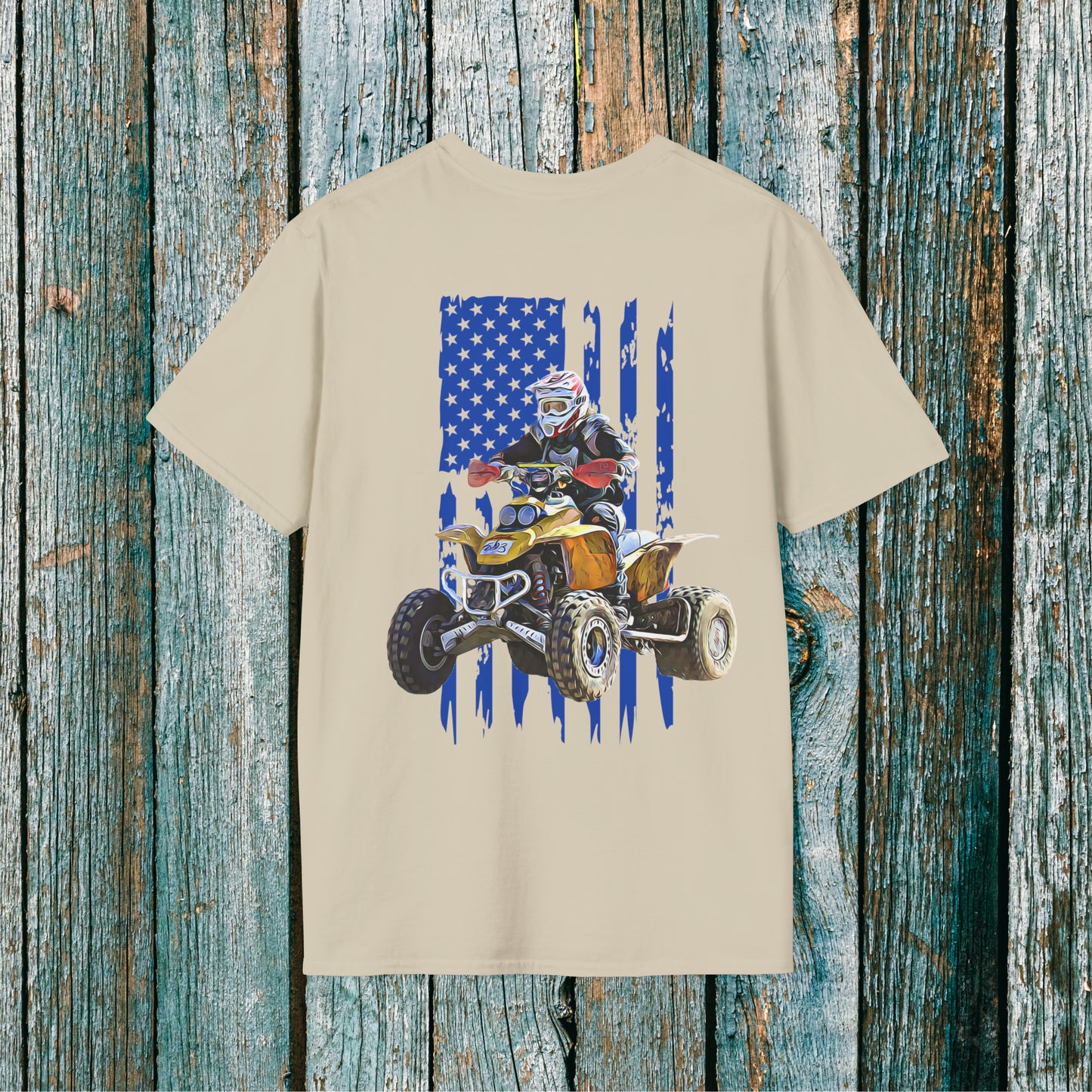 Mens Racing Shirt | Blue American flag with Honda 400 EX ATV on back | Black silouhette of four wheeler with Full throttle on front |  SOFT Cotton 2 SIDED Adult Unisex tee shirt | Four wheeler shirt