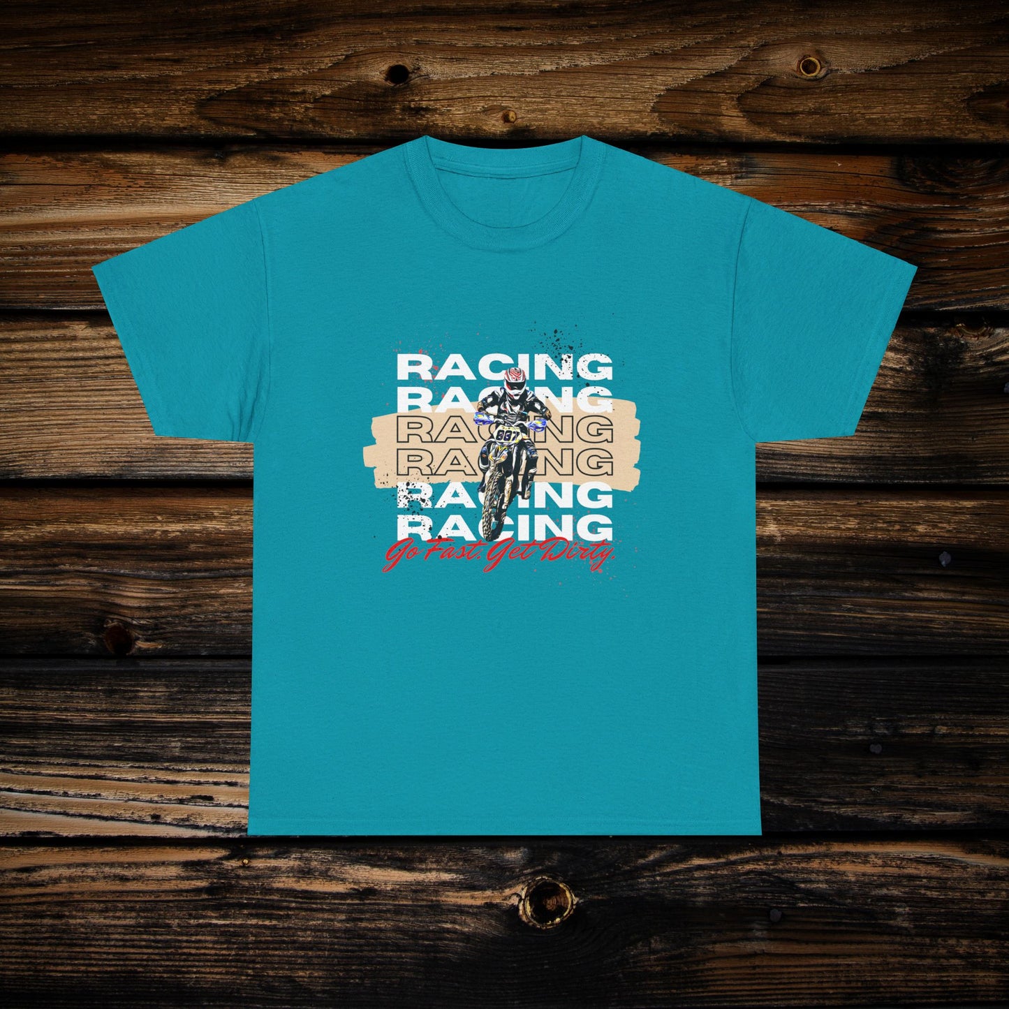 Mens Riding Shirt | Man on KTM 300 Dirt bike | Words: RACING and Go Fast Get Dirty | HEAVY Cotton Adult Unisex t shirt | Dad Dirt bike shirt