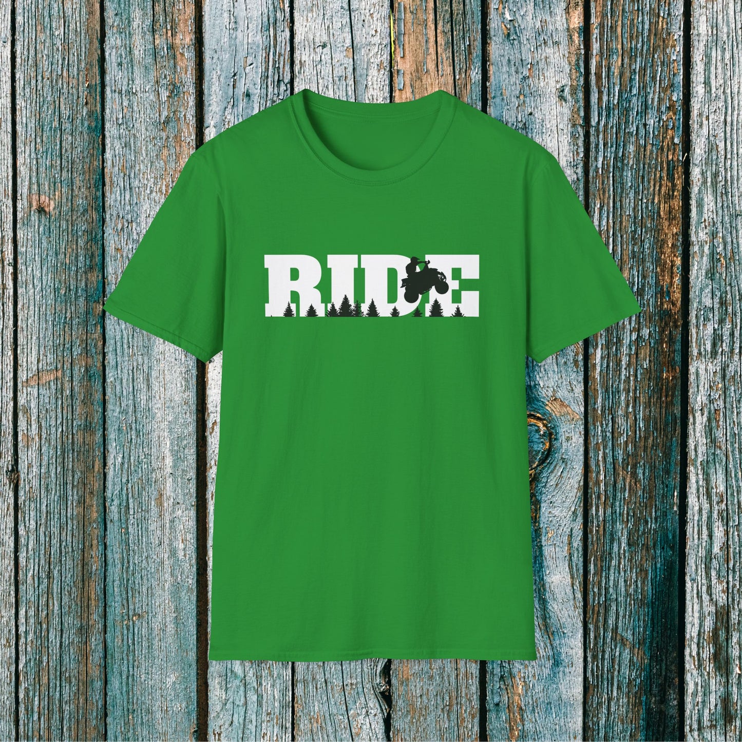 ATV RIDE Big Letters T-Shirt | Man on Honda 400EX Fourwheeler rides through the forest