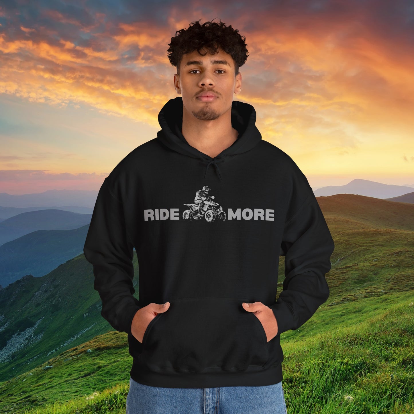 Mens Riding Hoodie | Man on Honda 450 ER atv | Ride More four wheeler sweatshirt | Unisex Heavy Blend™ Hooded Sweatshirt | ATV Hoodie for Men | Four wheeler hoodie for Boys