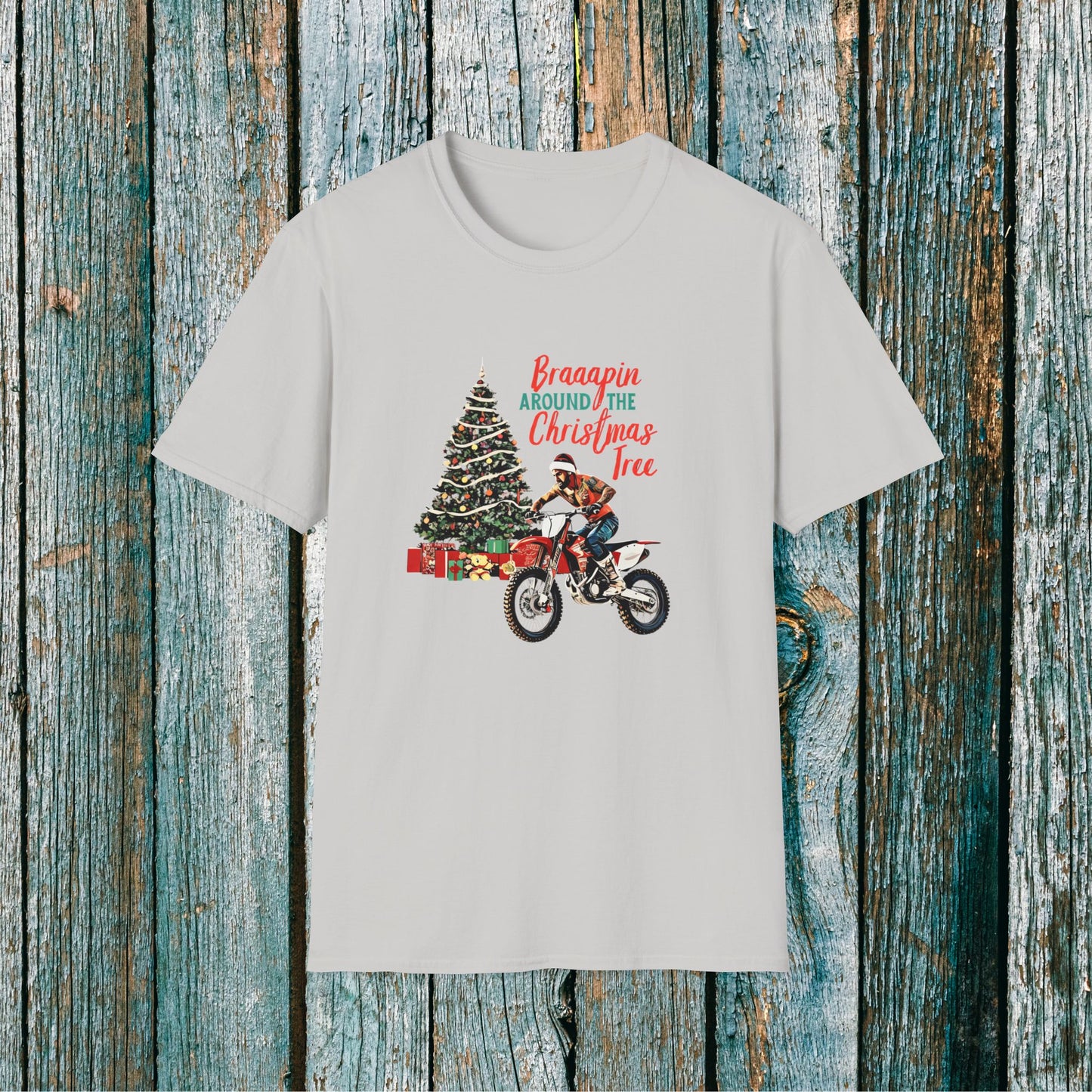 Holiday Bike Shirt | Braaapin Around The Christmas Tree | SOFT Cotton Adult Unisex tee shirt | Dirt Track shirt | Dirt bike Ugly Sweater