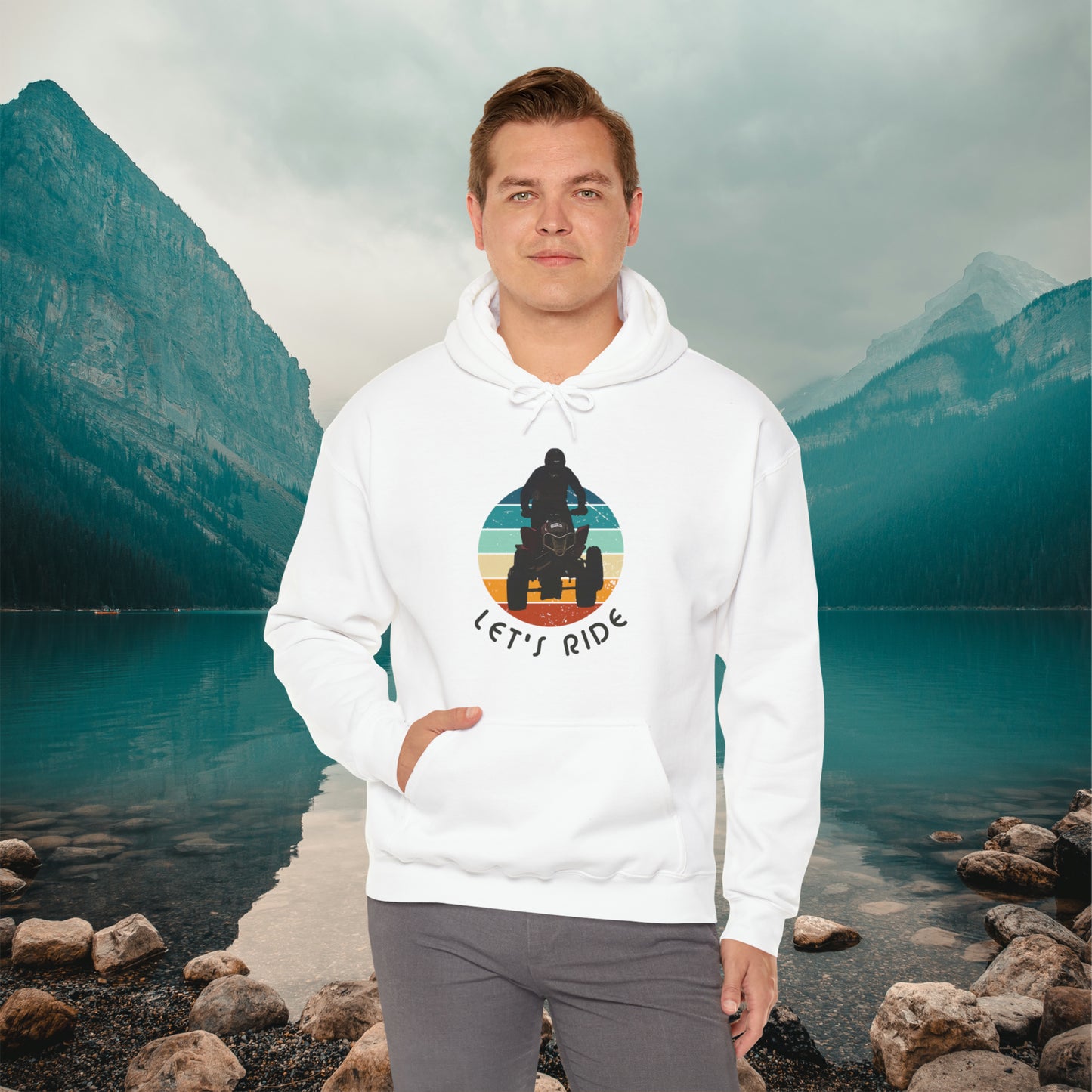 Mens Riding Hoodie | Man on Honda 450 ER atv | Retro circle with Let's Ride text | Unisex Heavy Blend™ Hooded Sweatshirt | ATV Hoodie for Men | Four wheeler hoodie for Boys