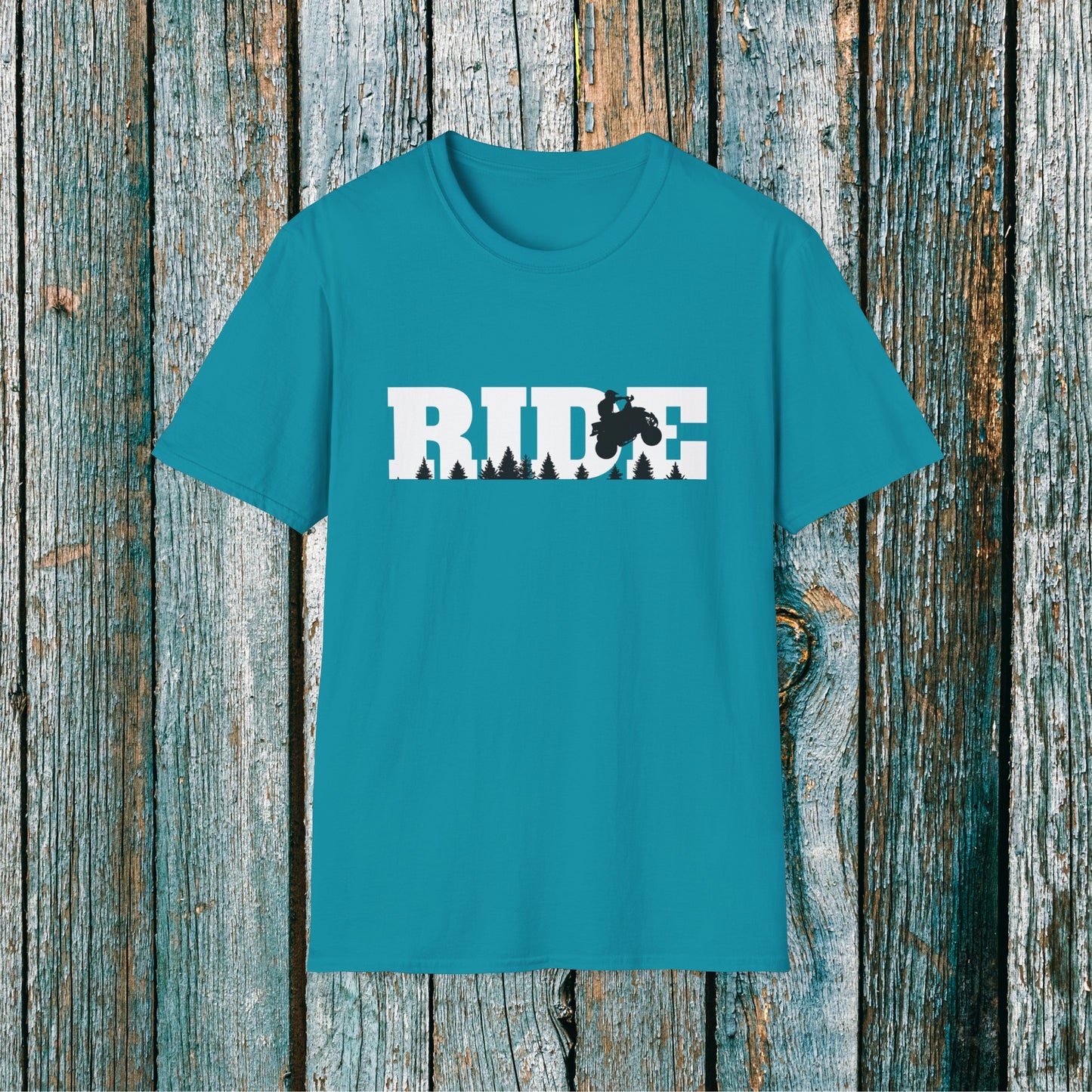 Mens Riding Shirt | RIDE big letters with black trees and ATV | Man on Honda 400 ex Fourwheeler | Soft Cotton Adult Unisex tee shirt