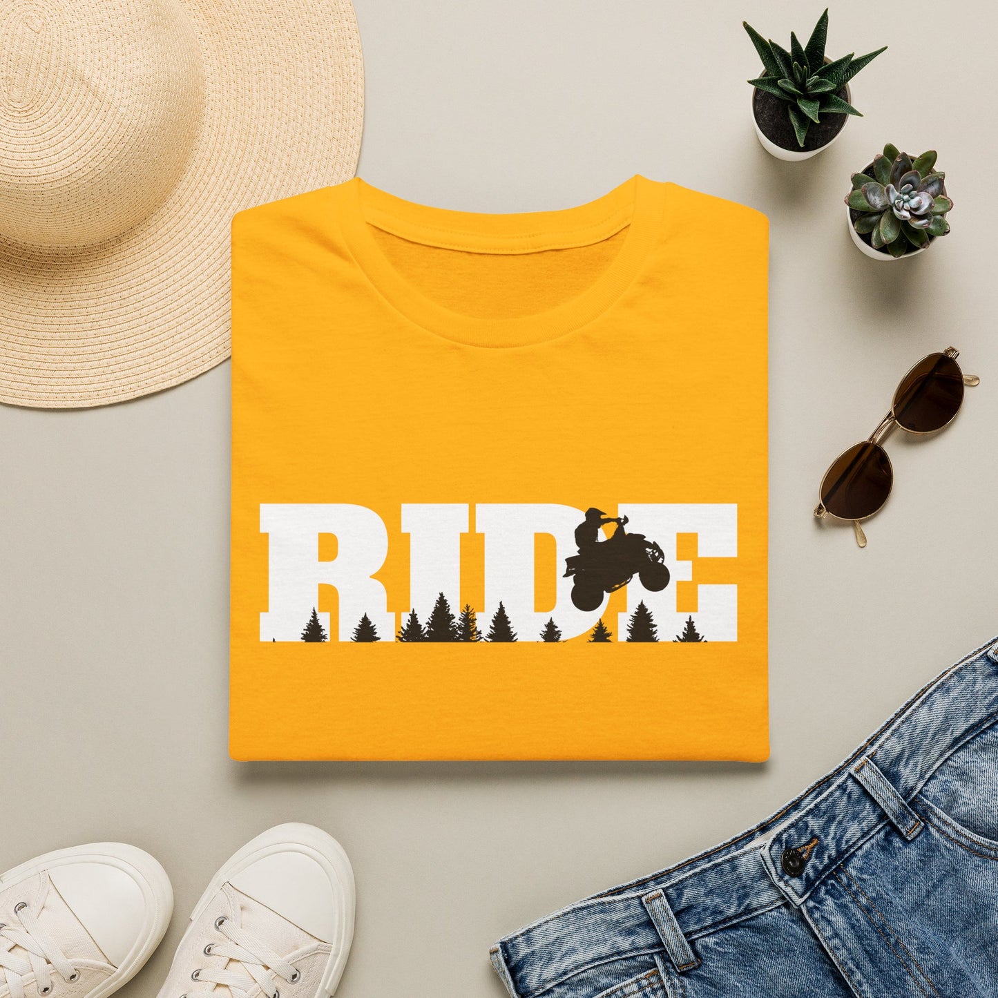 ATV RIDE Big Letters T-Shirt | Man on Honda 400EX Fourwheeler rides through the forest