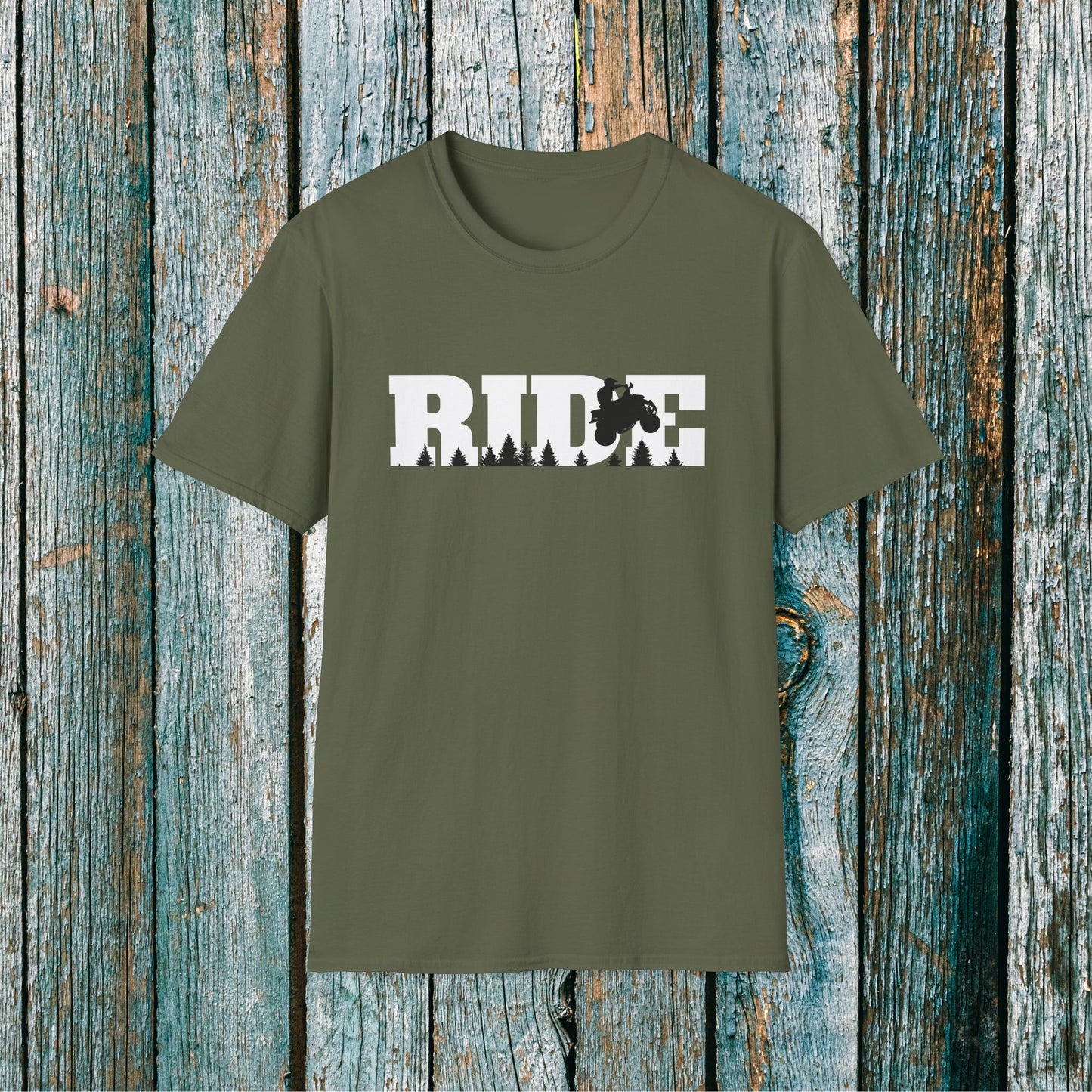 ATV RIDE Big Letters T-Shirt | Man on Honda 400EX Fourwheeler rides through the forest