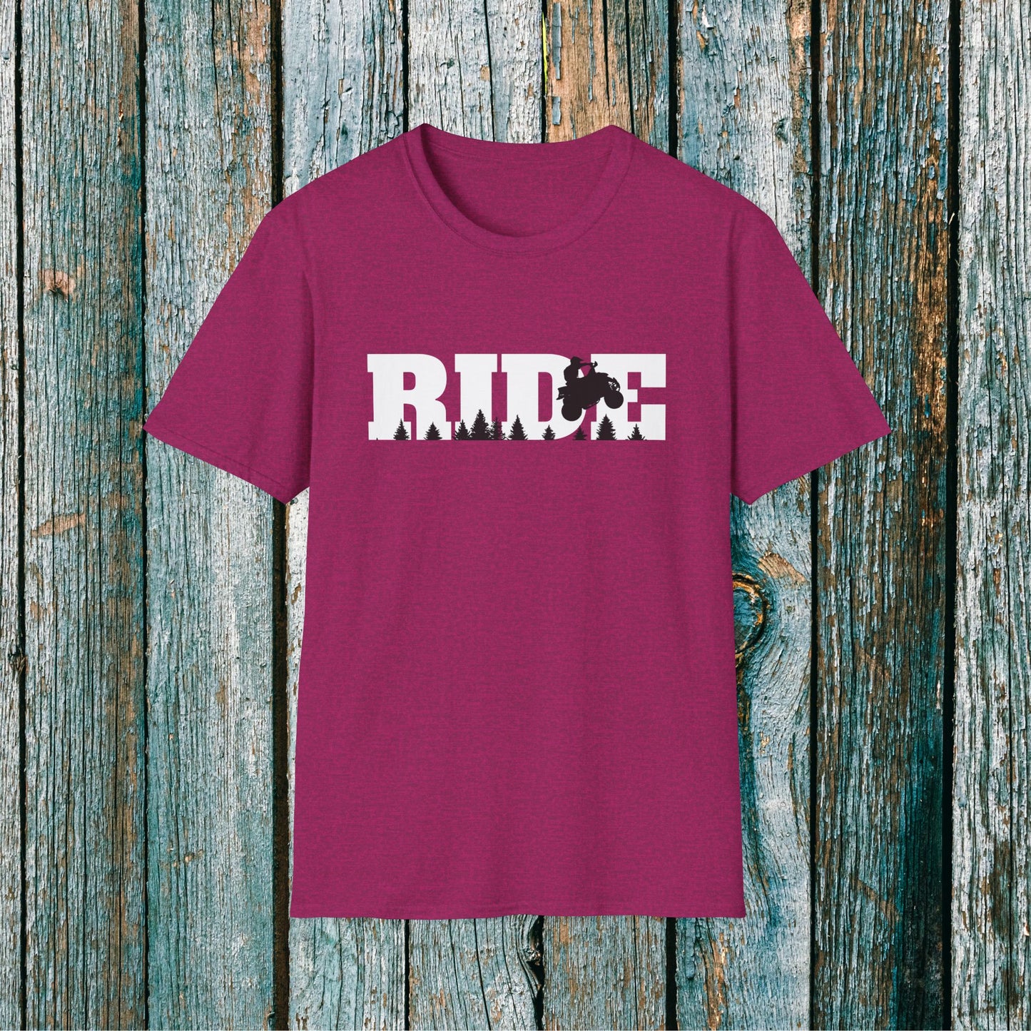 ATV RIDE Big Letters T-Shirt | Man on Honda 400EX Fourwheeler rides through the forest