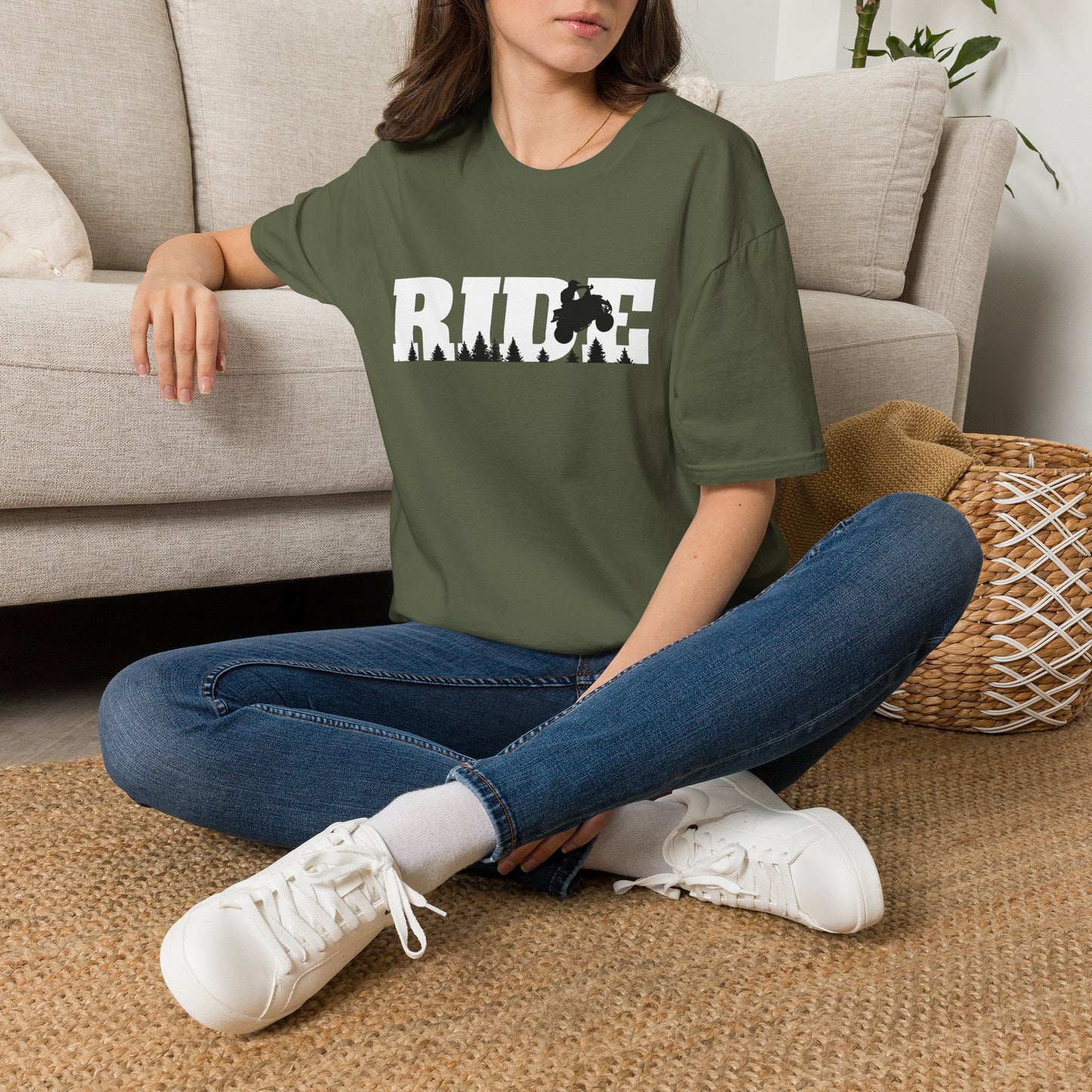 ATV RIDE Big Letters T-Shirt | Man on Honda 400EX Fourwheeler rides through the forest