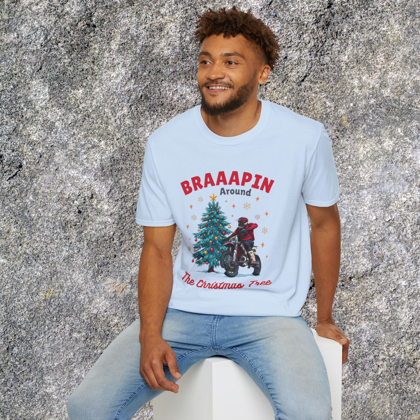 Holiday Bike Softstyle T-Shirt | Braaapin Around The Christmas Tree | Dirt Bike Ugly Sweater