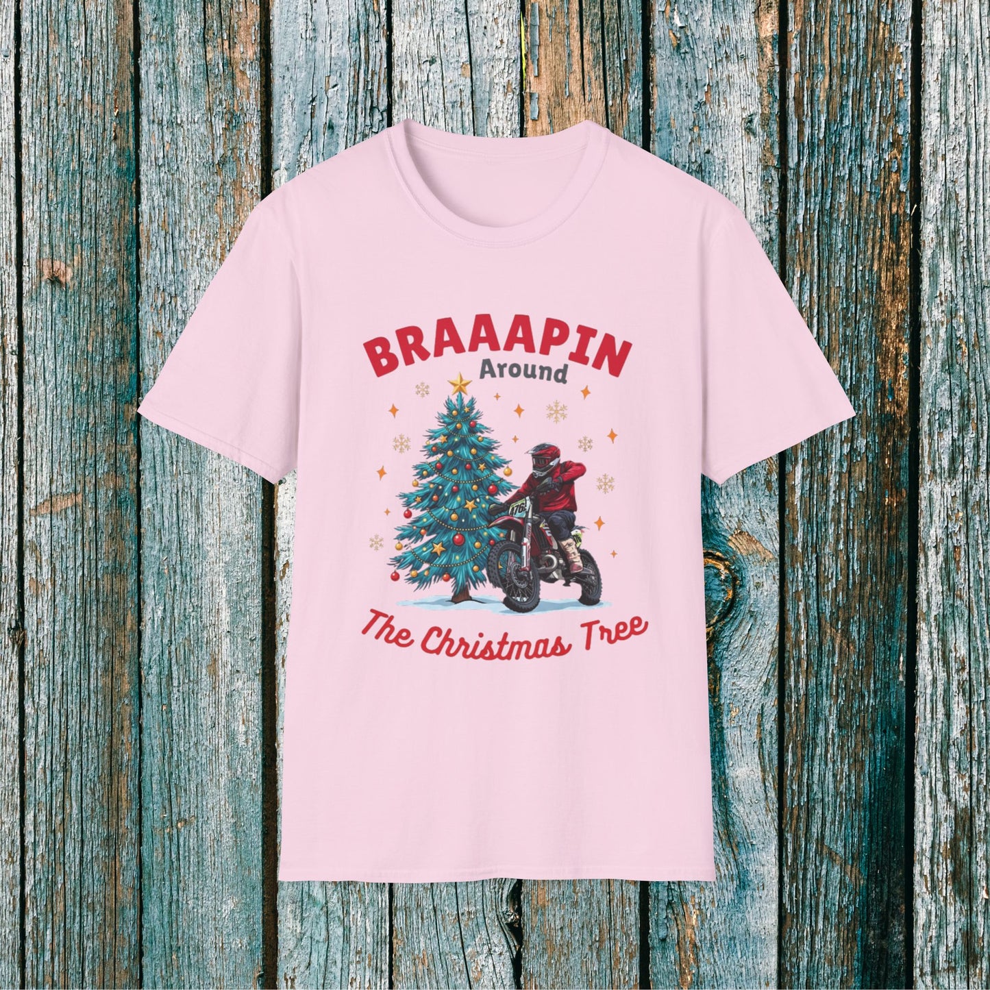Holiday Bike Softstyle T-Shirt | Braaapin Around The Christmas Tree | Dirt Bike Ugly Sweater