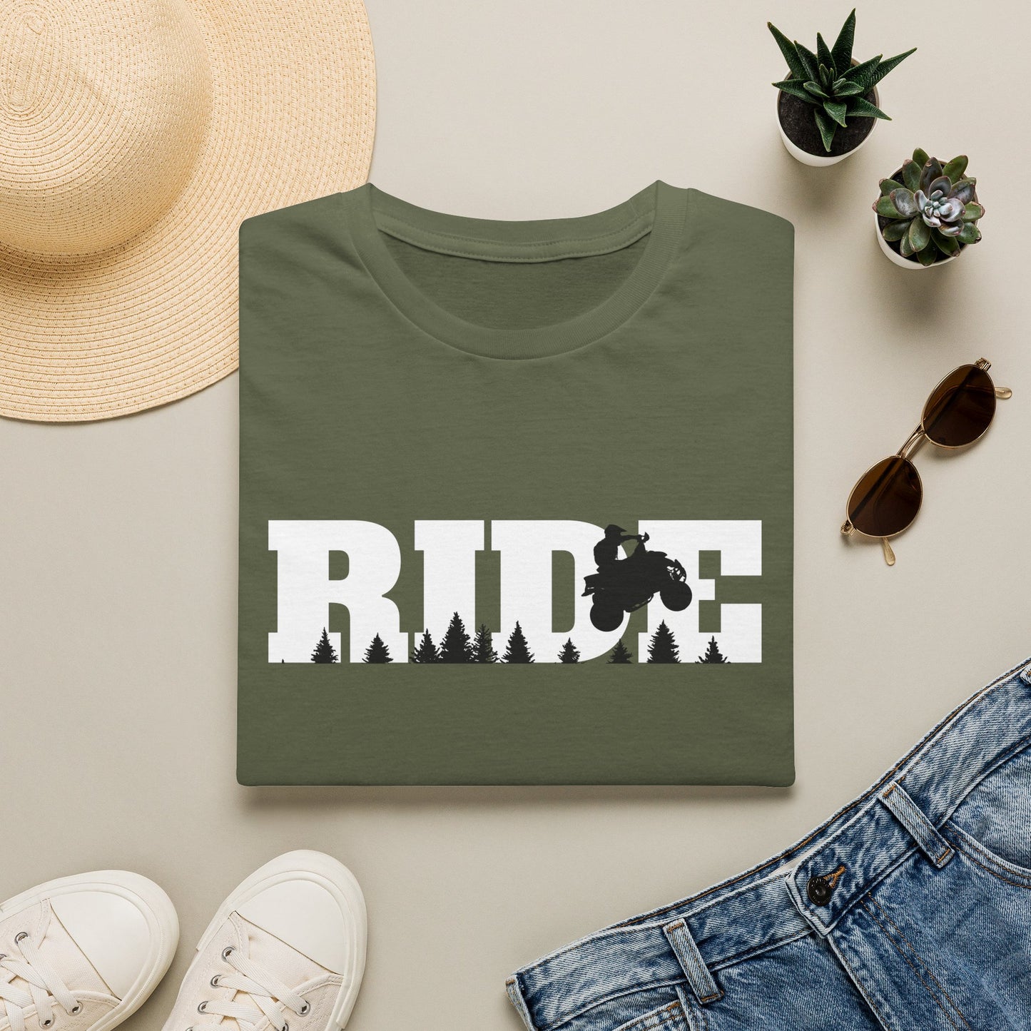 ATV RIDE Big Letters T-Shirt | Man on Honda 400EX Fourwheeler rides through the forest