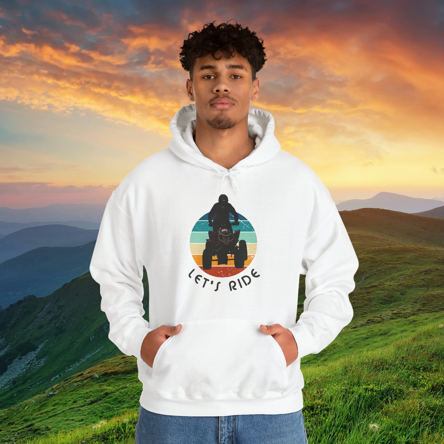 Mens Riding Hoodie | Man on Honda 450 ER atv | Retro circle with Let's Ride text | Unisex Heavy Blend™ Hooded Sweatshirt | ATV Hoodie for Men | Four wheeler hoodie for Boys