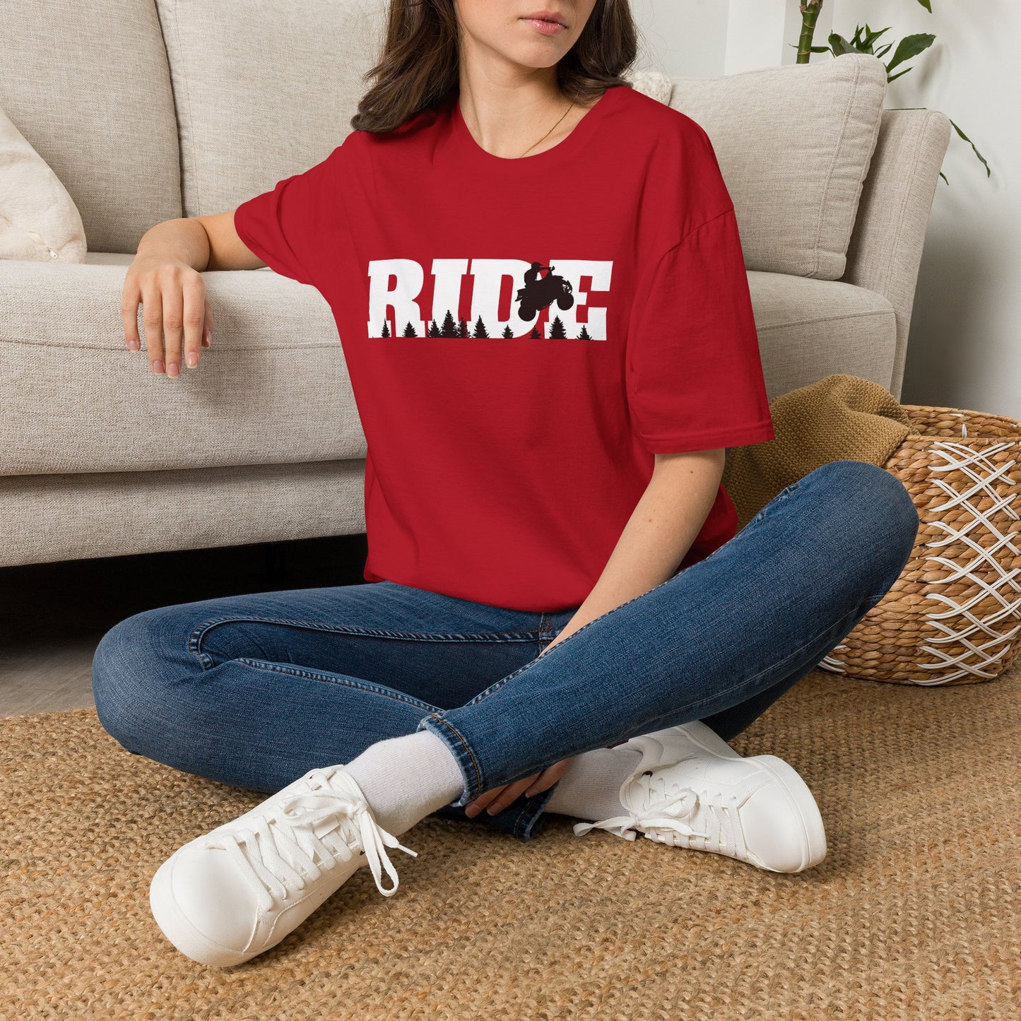 ATV RIDE Big Letters T-Shirt | Man on Honda 400EX Fourwheeler rides through the forest