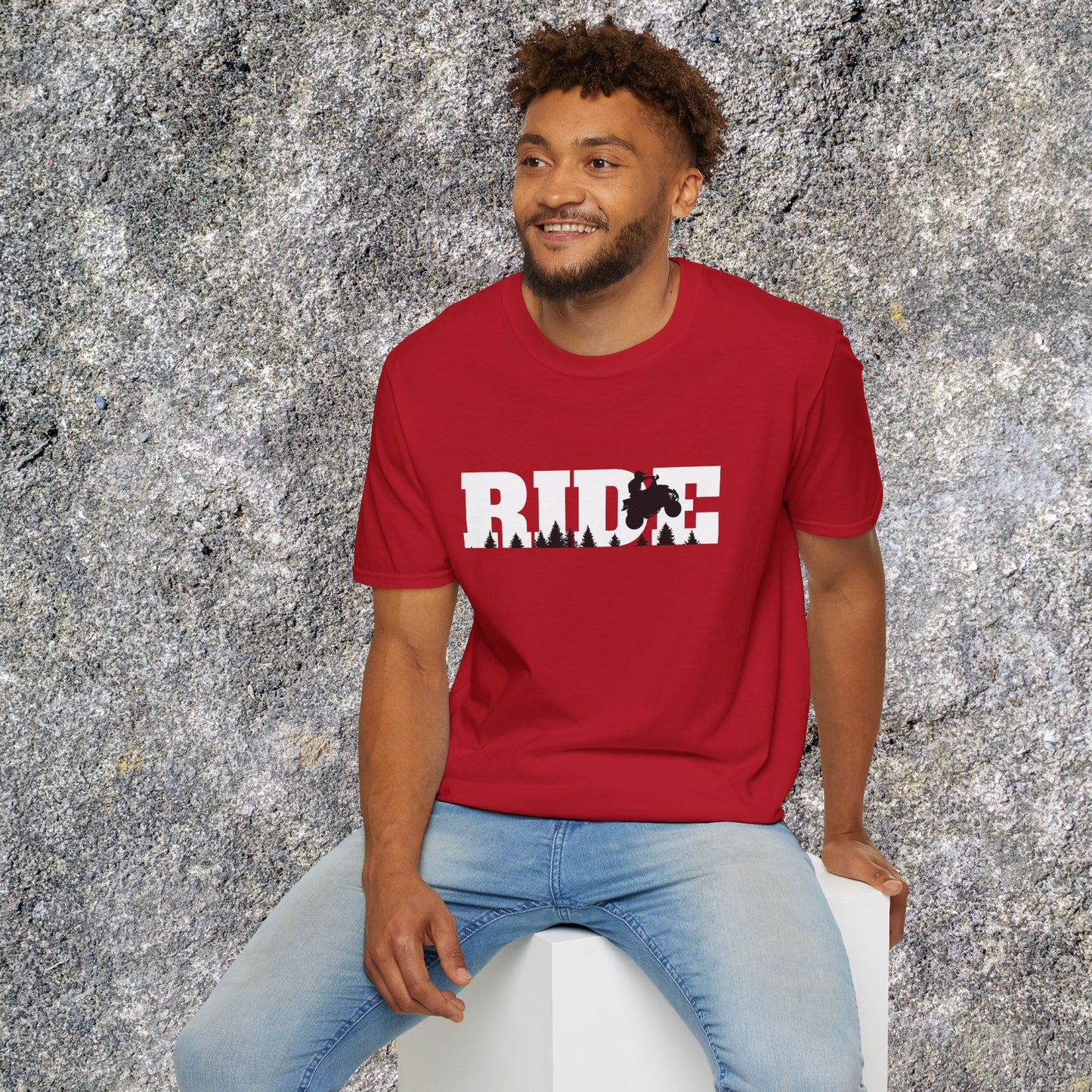 ATV RIDE Big Letters T-Shirt | Man on Honda 400EX Fourwheeler rides through the forest