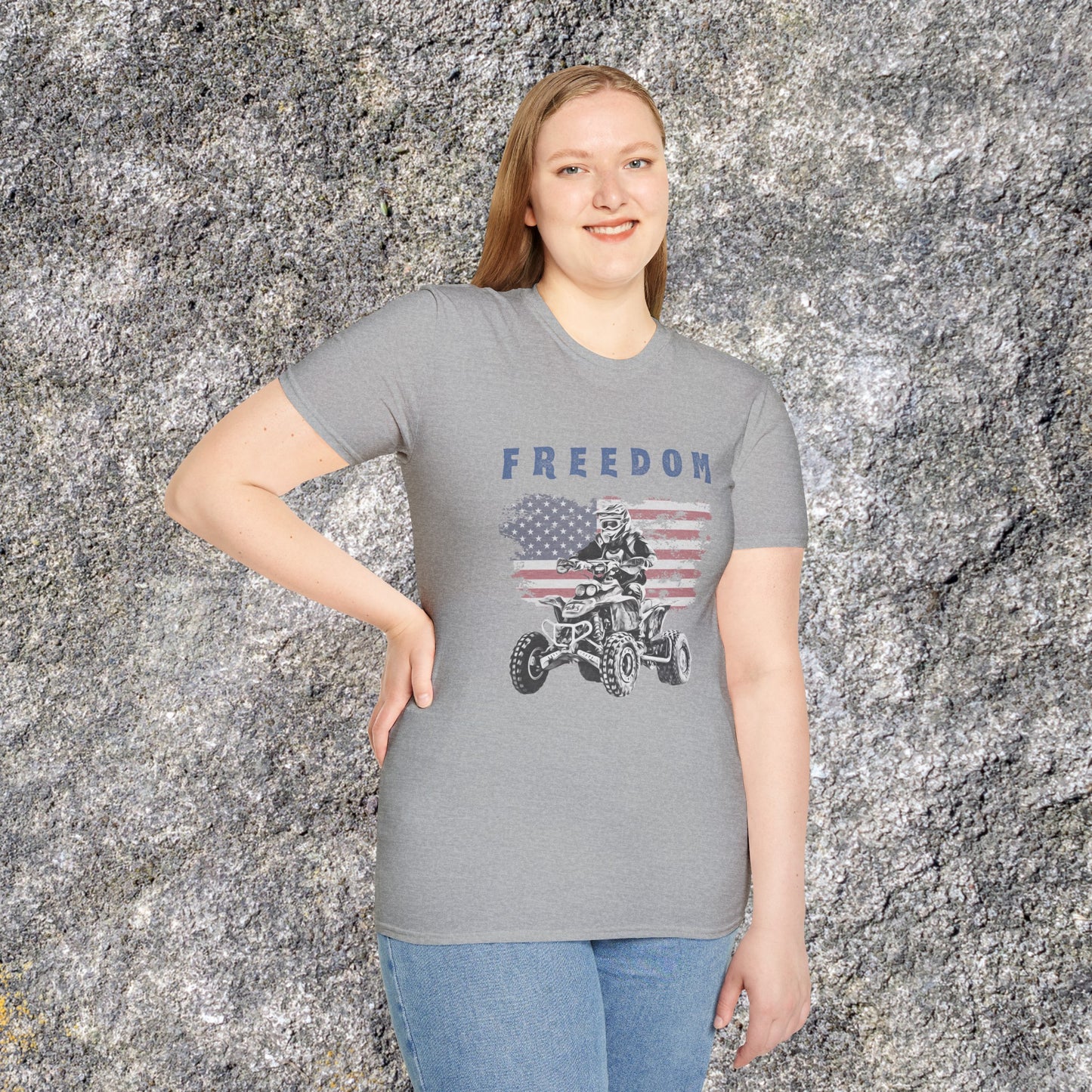 Mens ATV Shirt | Freedom Rider | American flag with man on Honda 400 EX ATV | Patriotic four wheeler riding shirt | SOFT Cotton Adult Unisex tee shirt | Four wheeler shirt for Boys