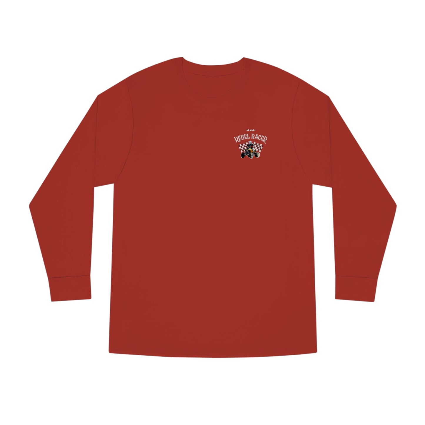 Mens Long Sleeved Racing Shirt | 2-SIDED Unisex Long Sleeve Crewneck Tee | Soft Lightweight Cotton | Rebel Racer | ATV Racing Shirt | Four wheeler shirt for boys