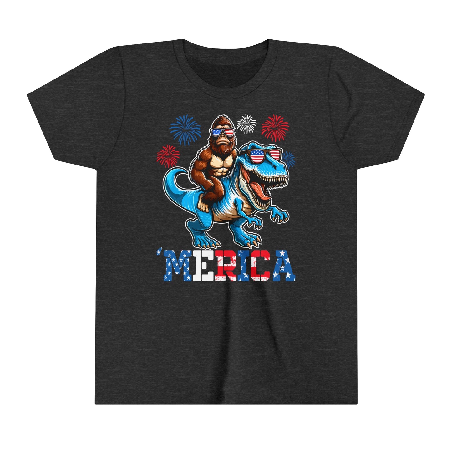 Youth BigFoot on a Dinosaur Shirt | Patriotic Sasquatch Shirt for Kids | Youth Yeti Short Sleeve Tee | Funny BigFoot shirt for boys | Bella Canvas Soft Cotton tee shirt