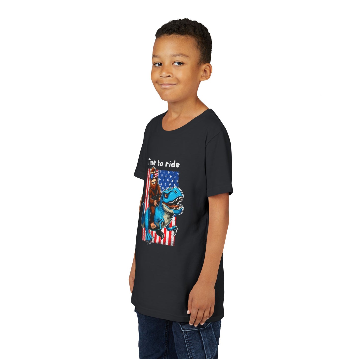 Patriotic Bigfoot Dino Youth Tee | Funny Sasquatch Yeti Short Sleeve for Kids