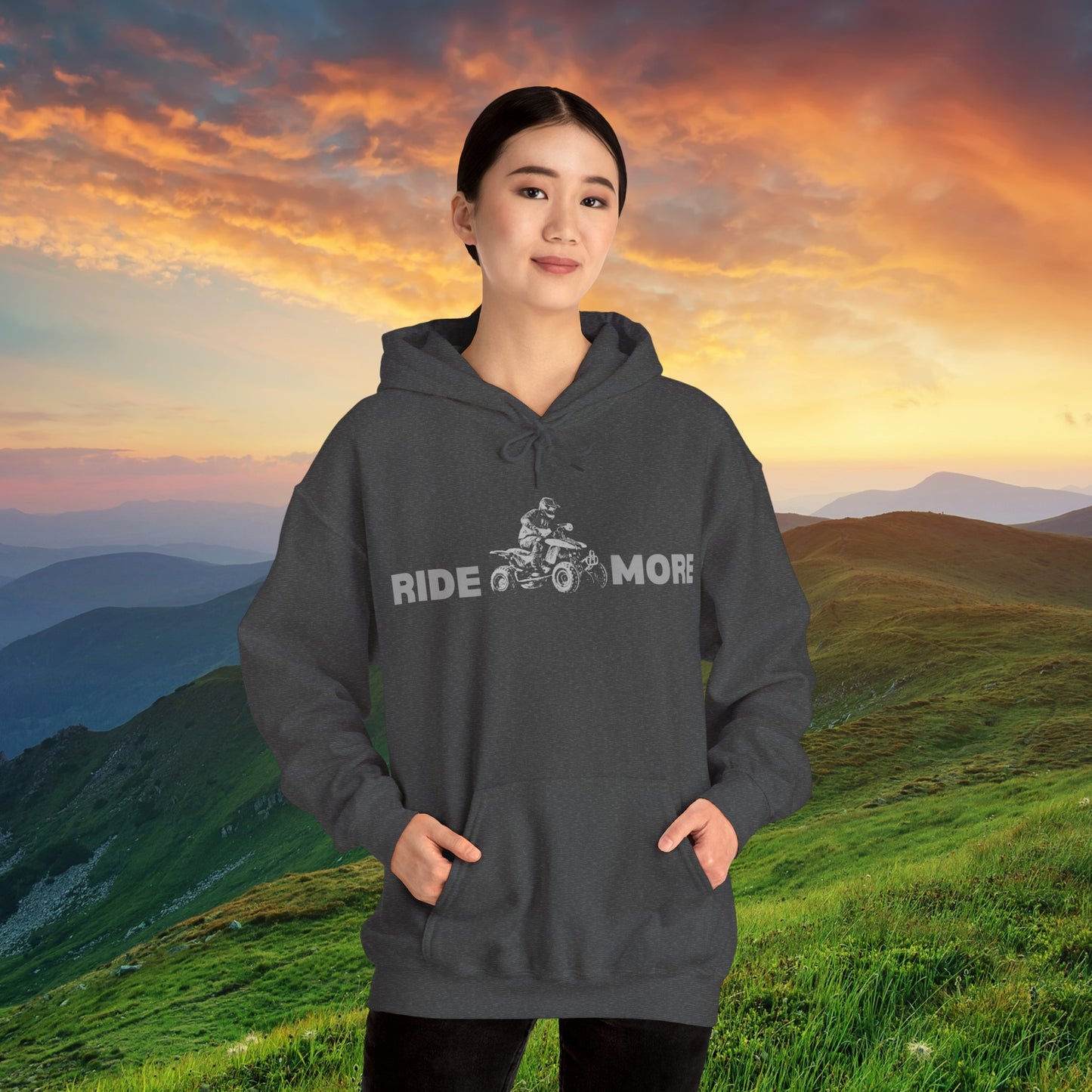 Mens Riding Hoodie | Man on Honda 450 ER atv | Ride More four wheeler sweatshirt | Unisex Heavy Blend™ Hooded Sweatshirt | ATV Hoodie for Men | Four wheeler hoodie for Boys