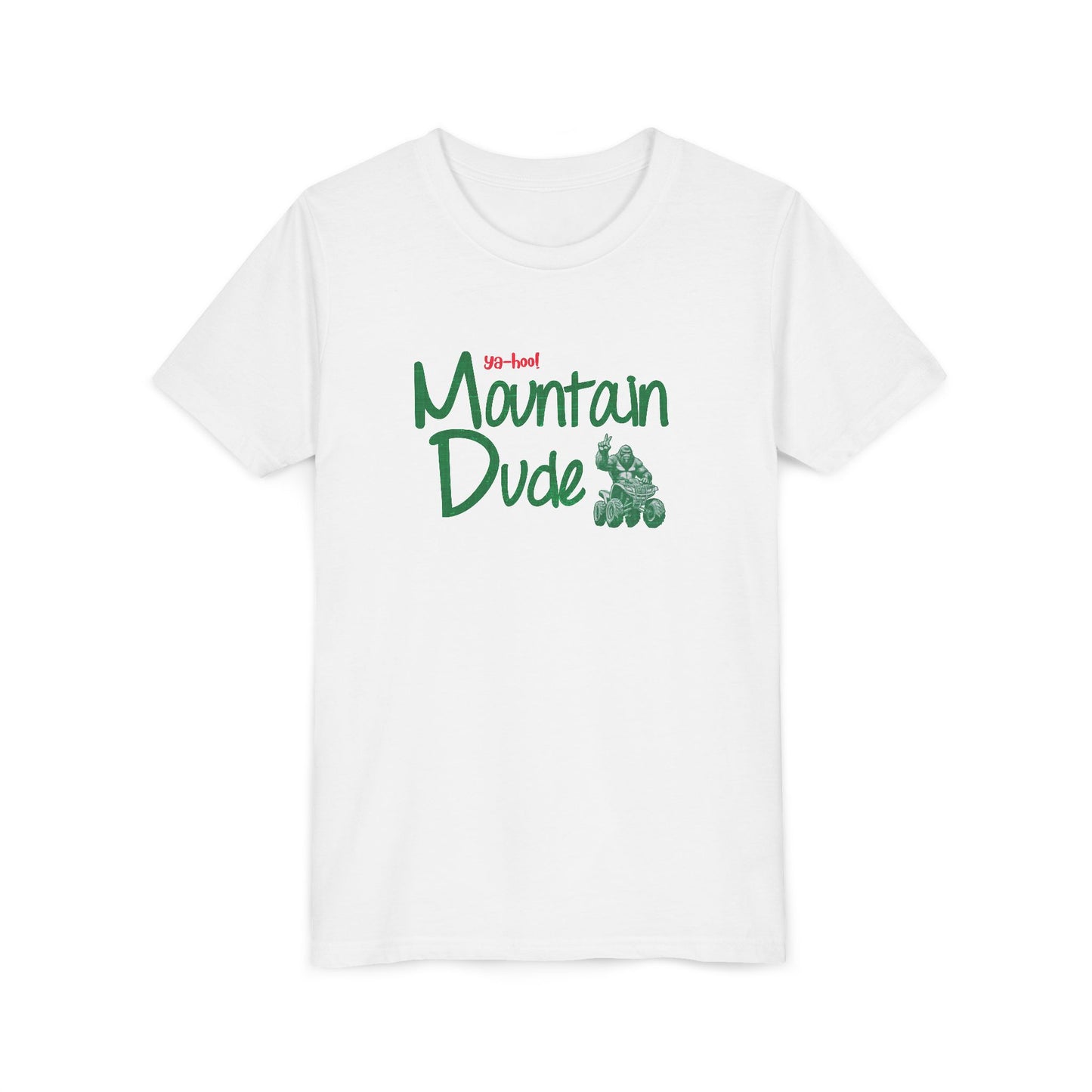 Youth Bigfoot Mountain Dude Tee | Funny Sasquatch/Yeti Short Sleeve Shirt for Kids | Old Mountain Dew Design