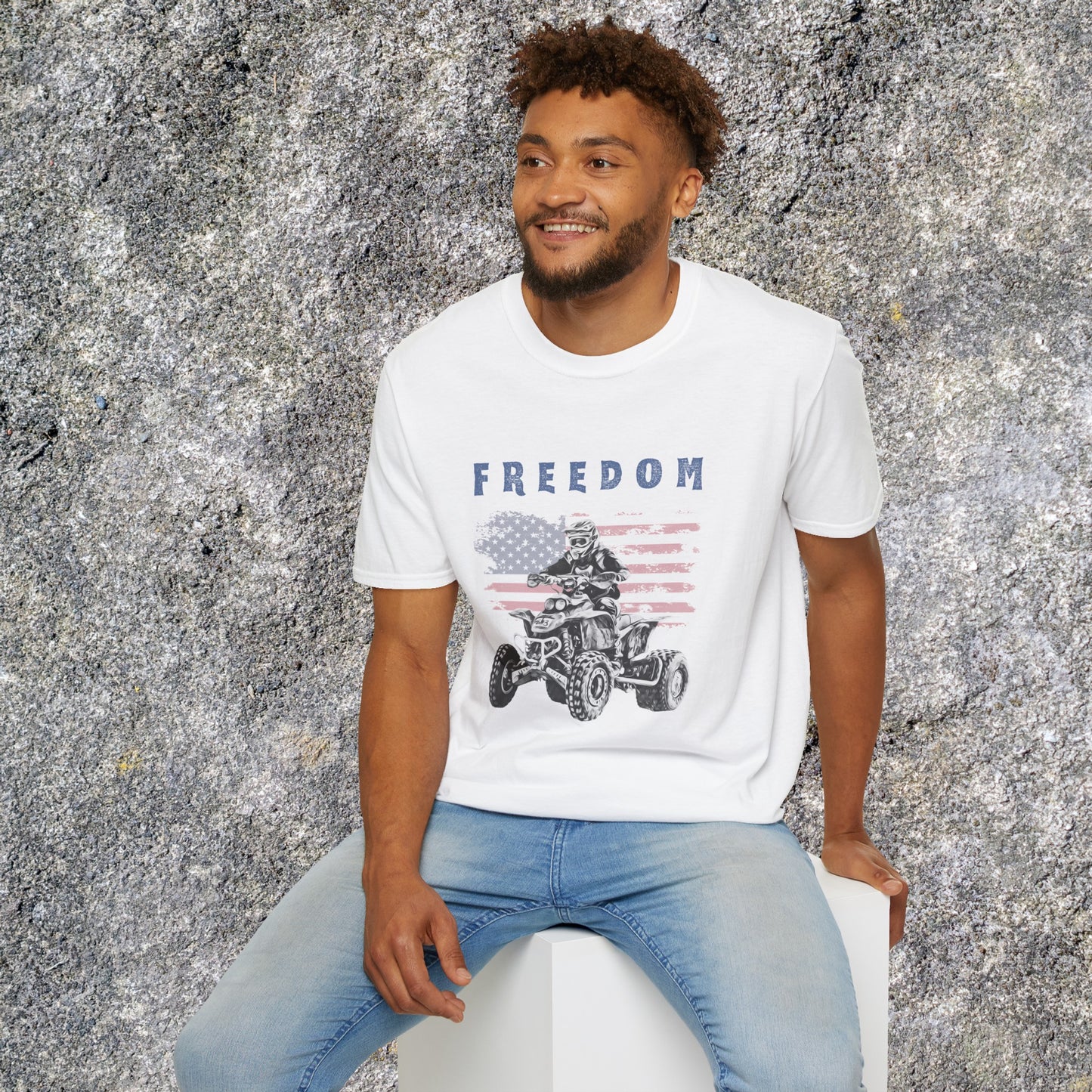 Mens ATV Shirt | Freedom Rider | American flag with man on Honda 400 EX ATV | Patriotic four wheeler riding shirt | SOFT Cotton Adult Unisex tee shirt | Four wheeler shirt for Boys