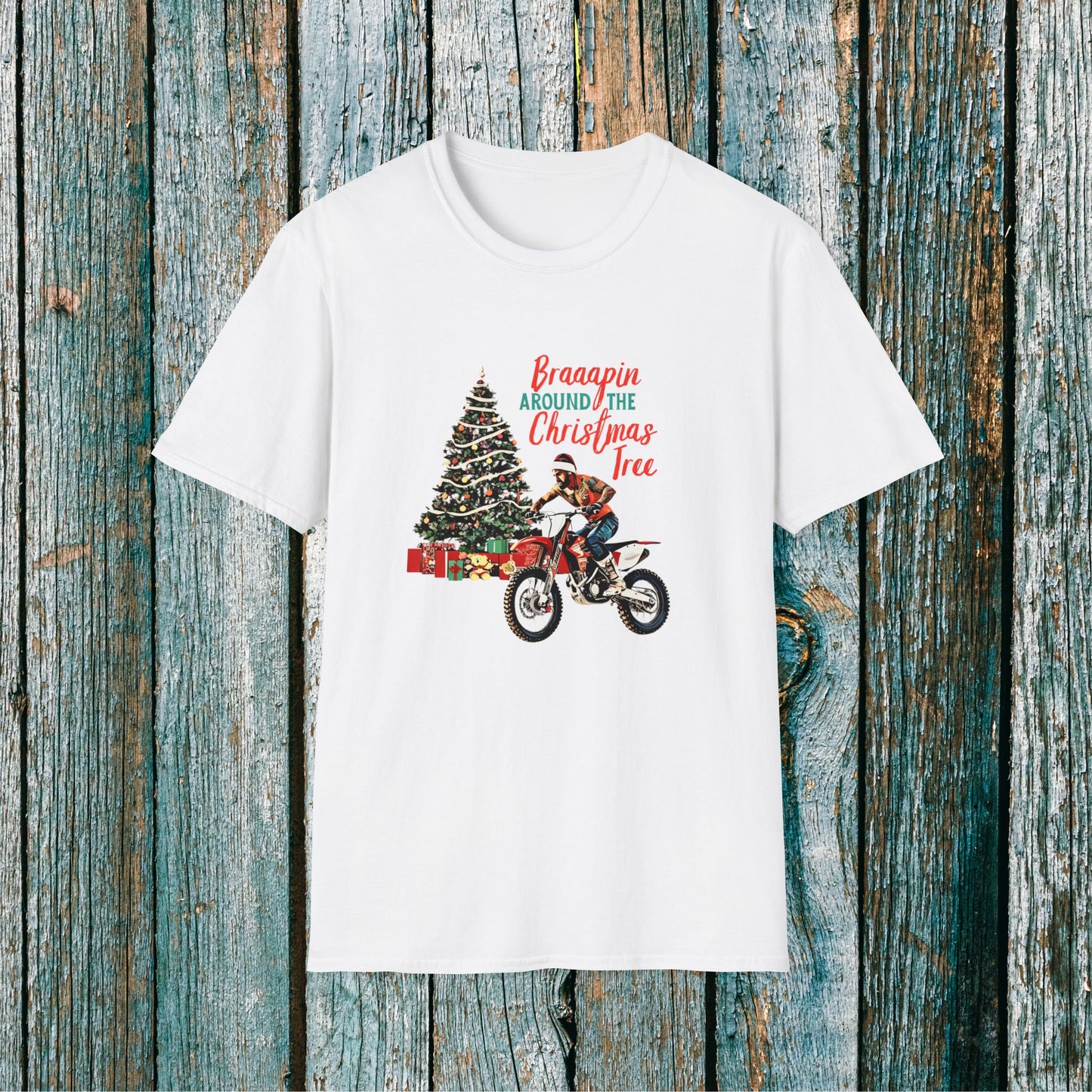 Holiday Bike Shirt | Braaapin Around The Christmas Tree | SOFT Cotton Adult Unisex tee shirt | Dirt Track shirt | Dirt bike Ugly Sweater