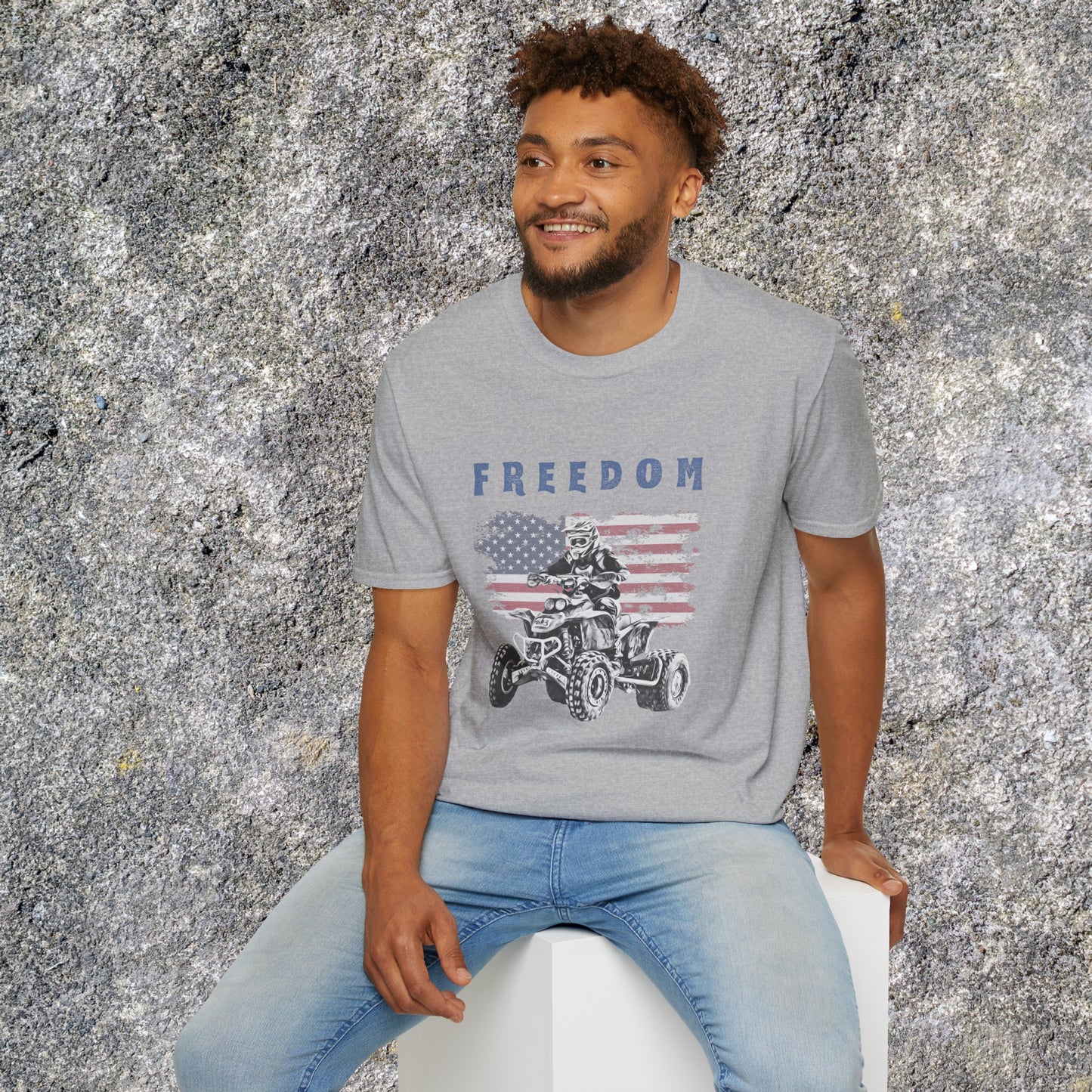 Mens ATV Shirt | Freedom Rider | American flag with man on Honda 400 EX ATV | Patriotic four wheeler riding shirt | SOFT Cotton Adult Unisex tee shirt | Four wheeler shirt for Boys