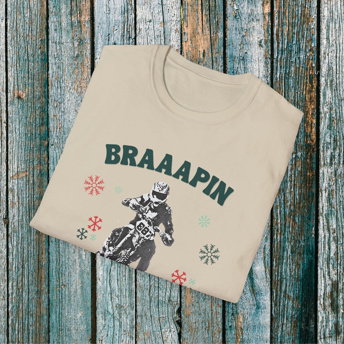 Holiday Motocross Racing Softstyle T-Shirt | Braaapin Through the Snow | Dirt Bike Ugly Sweater