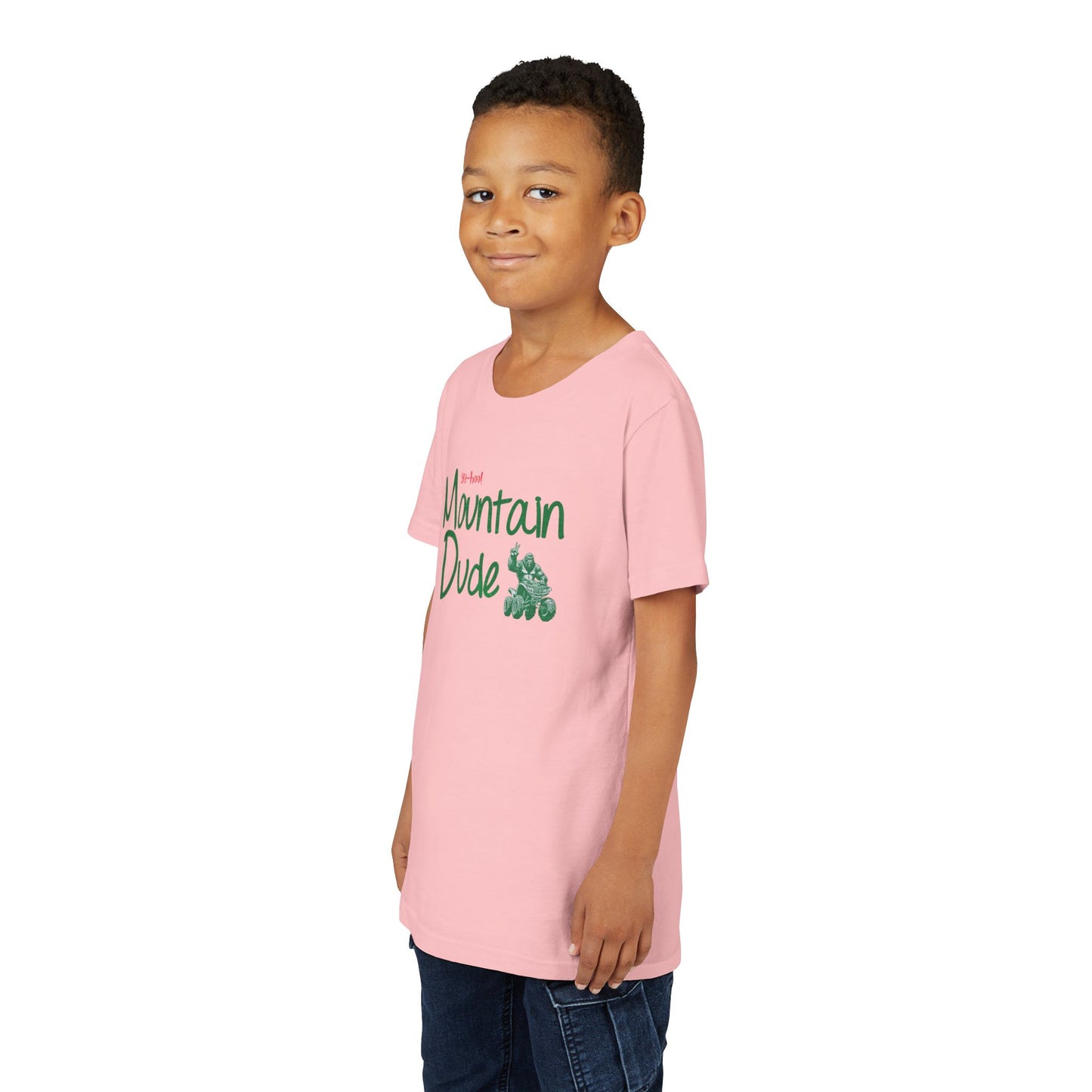 Youth Bigfoot Mountain Dude Tee | Funny Sasquatch/Yeti Short Sleeve Shirt for Kids | Old Mountain Dew Design