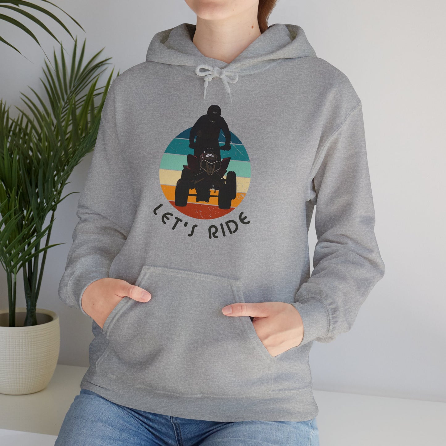 Mens Riding Hoodie | Man on Honda 450 ER atv | Retro circle with Let's Ride text | Unisex Heavy Blend™ Hooded Sweatshirt | ATV Hoodie for Men | Four wheeler hoodie for Boys