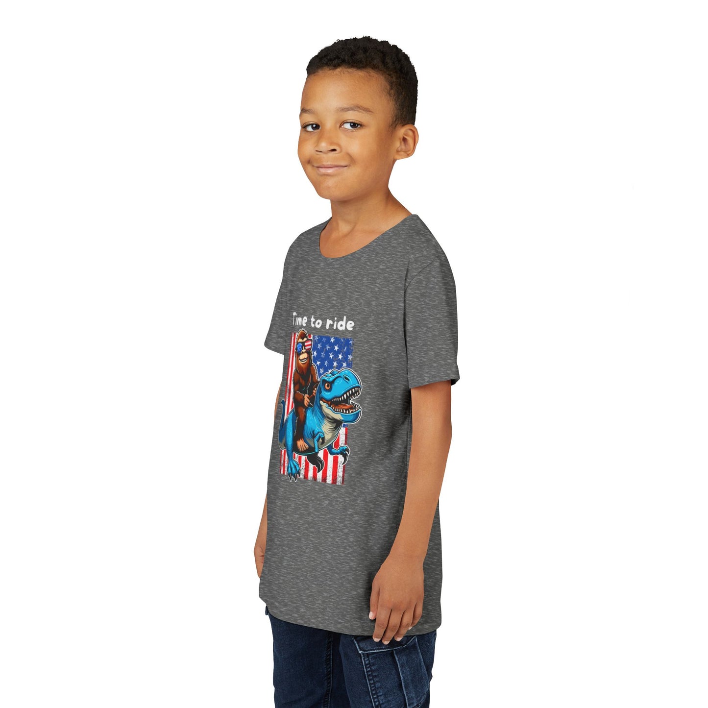 Patriotic Bigfoot Dino Youth Tee | Funny Sasquatch Yeti Short Sleeve for Kids