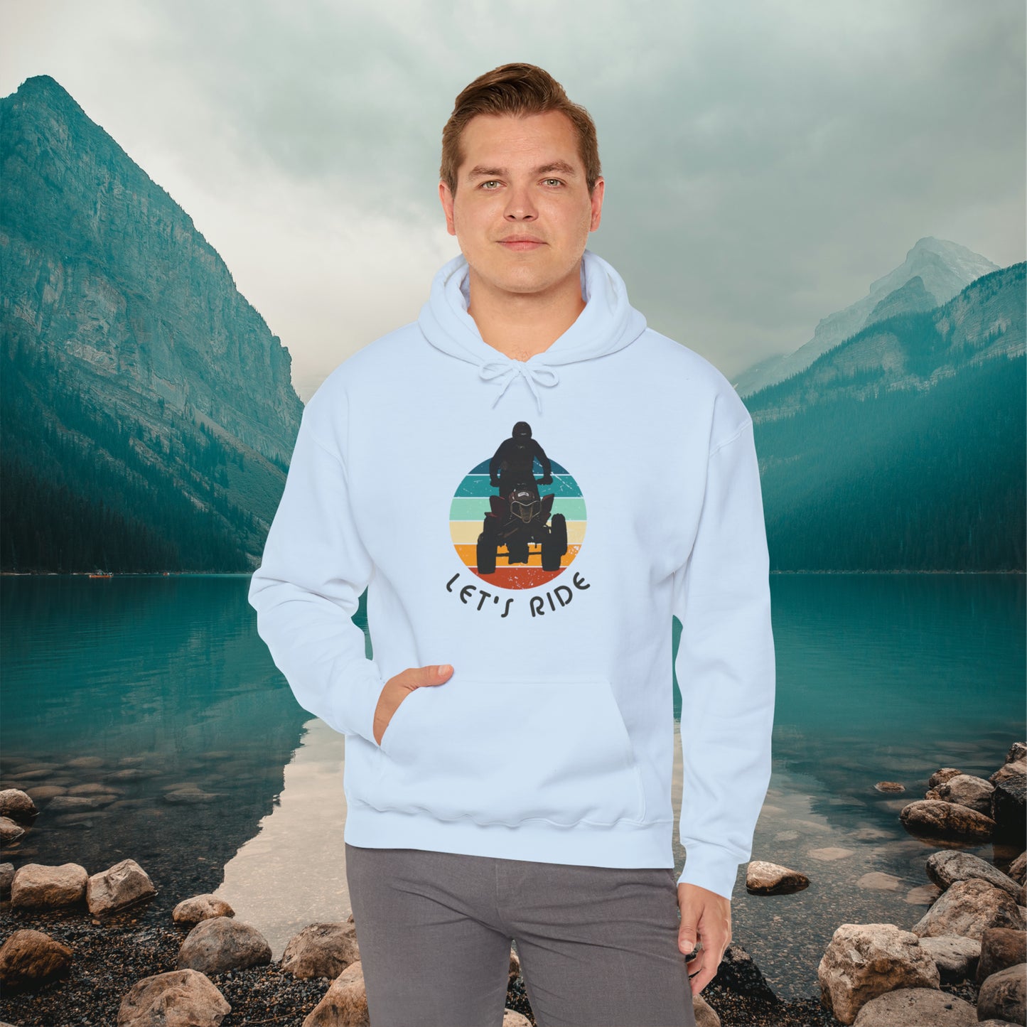 Mens Riding Hoodie | Man on Honda 450 ER atv | Retro circle with Let's Ride text | Unisex Heavy Blend™ Hooded Sweatshirt | ATV Hoodie for Men | Four wheeler hoodie for Boys